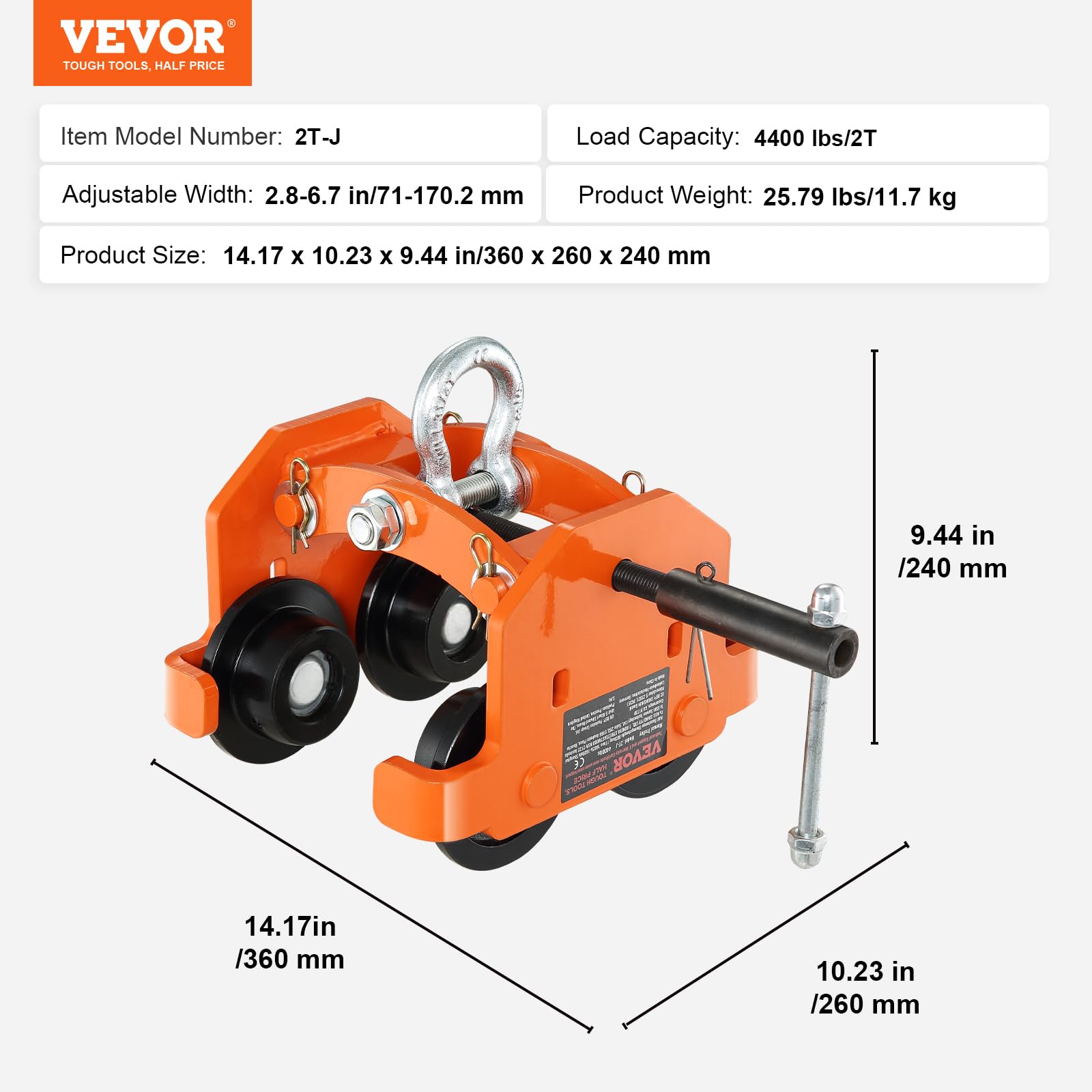 VEVOR Carro de Manipulación Capacidad de Carga de 2 T Carro de Viga de Empuje Ancho Ajustable 71-170,2 mm Carro de Polipasto de Garaje de Acero de Aleación con Ruedas para Vigas en I Rectas y Curvas