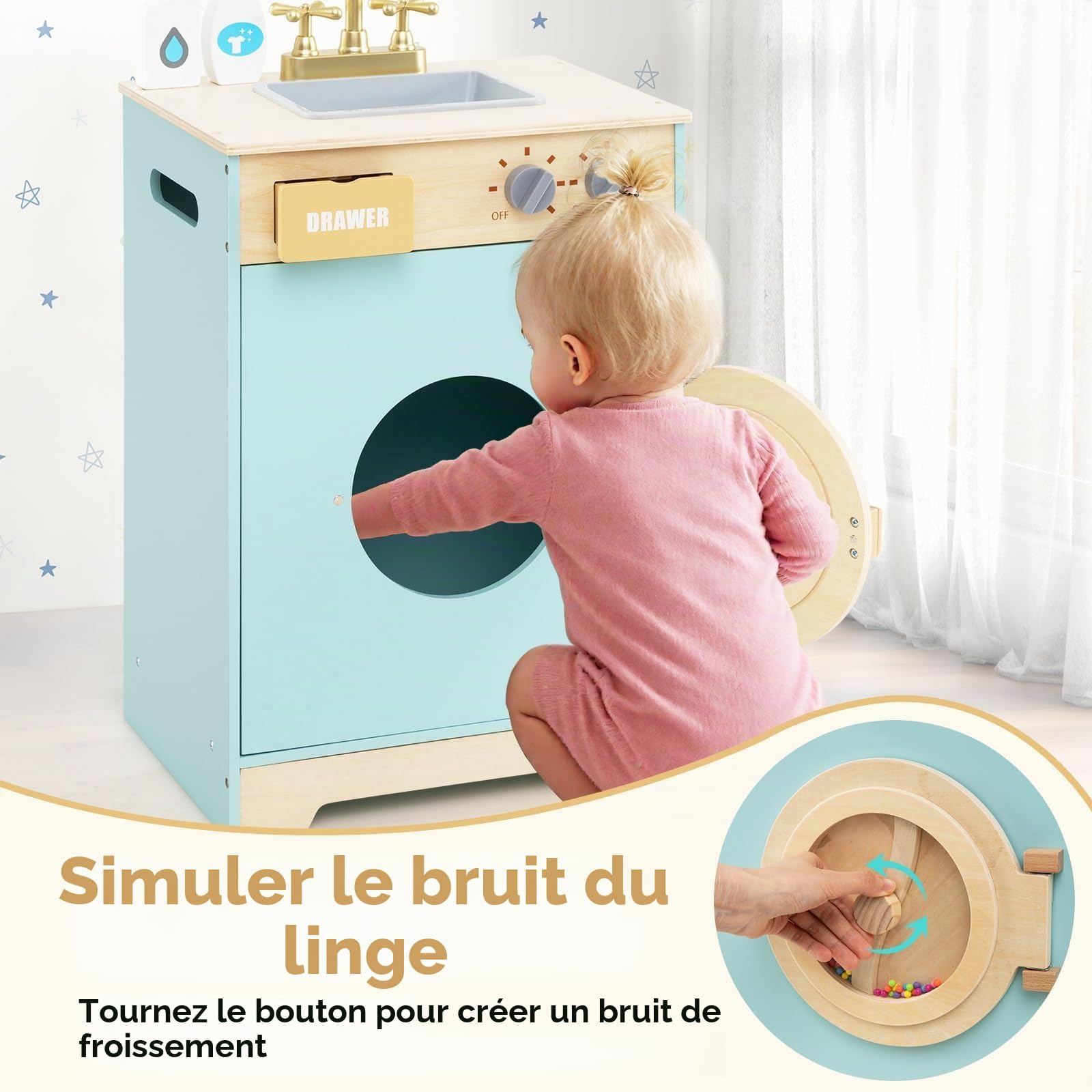 FANTASK Kit de Machine à Laver pour Enfants en Bois avec détergent et désinfectant pour Les Mains, kit de Linge avec évier, tiroir et molette pour Enfants à partir de 3 Ans