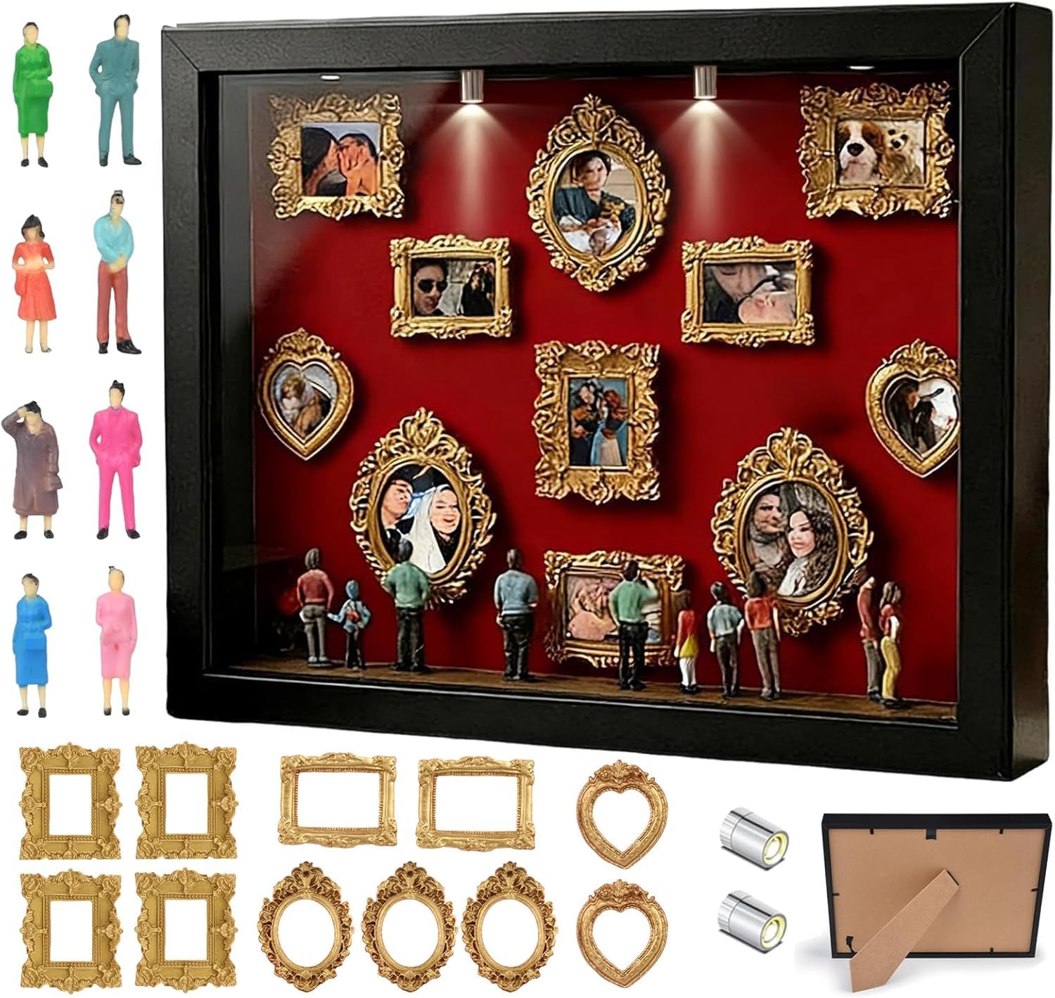 Pipihome DIY Mini Museum Bilderrahmen, Mini Figuren Menschen Museum Silhouette Box mit LED Licht & Golden Rahmen, Miniatur Menschen Bilderrahmen für Deko Wohnzimmer Schlafzimmer Jahrestag Hochzeit
