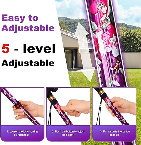 Miniatura 7 de MFE Bastón plegable, portátil de 5 niveles de altura ajustable con diseño plegable, correa de muñeca y mango en T para hombres y mujeres