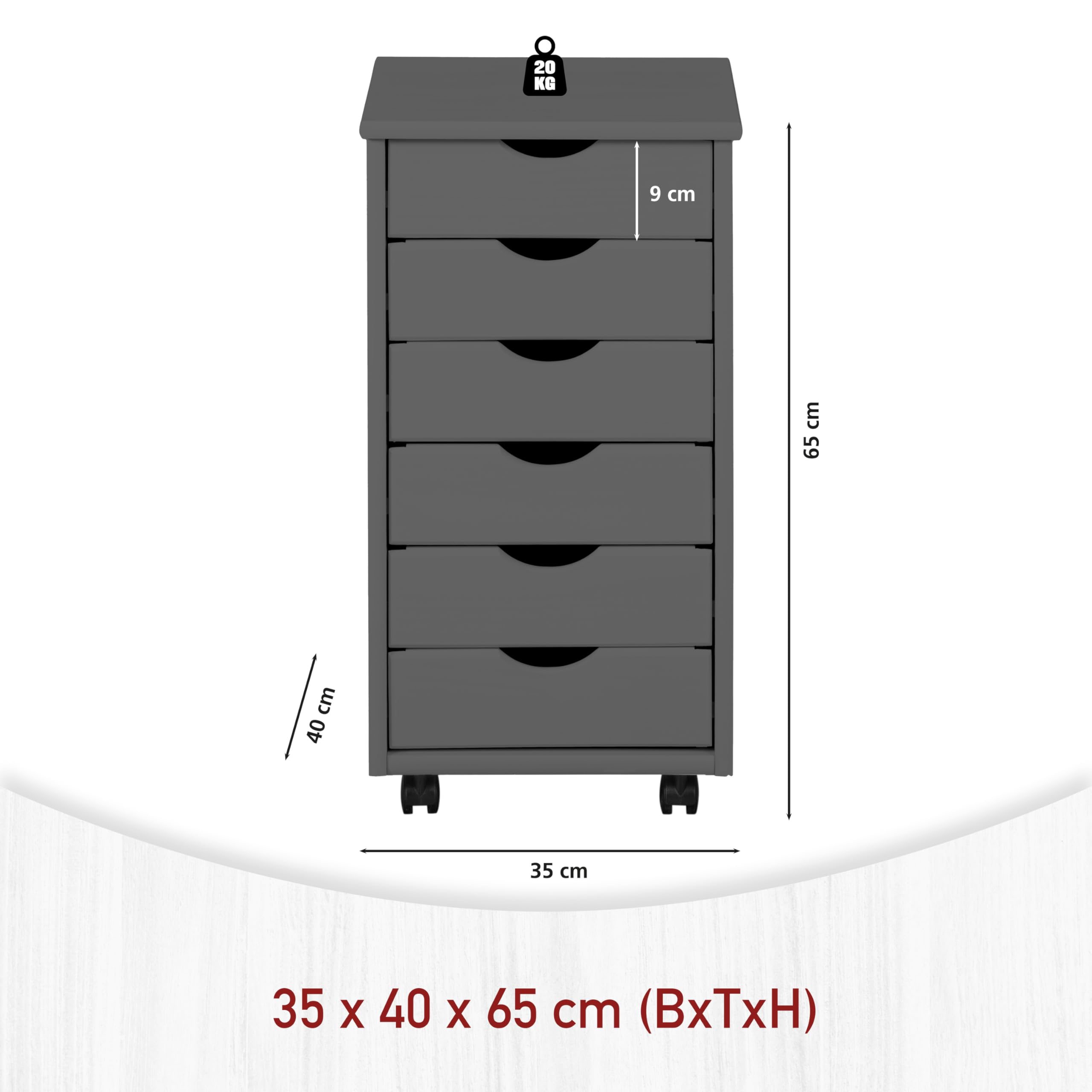 Inter Link Caisson à roulettes à 6 tiroirs – Caisson de bureau à roulettes – Bois de pin massif laqué gris – Caisson à roulettes pour bureau et bureau à domicile – 35 x 40 x 65 cm – Modèle Simon