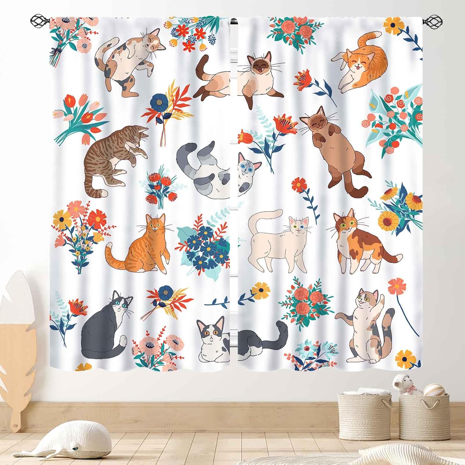 Cat Curtains Cute Blackout Curtains for Bedroom, Watercolor Black Floral Plants Lovely Kawaii Cat Aesthetic Window Drapery Treatments for Living Room Kitchen Bathroom 2 Panels Set, 55"x63" Inch