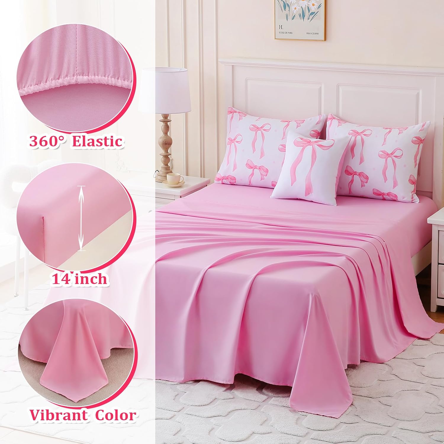 Full Size Comforter Sets Pink Bed in a Bag for Girls,6 Pieces Bow Comforter Set with Sheets,Bow Full Bedding Sets for Kids