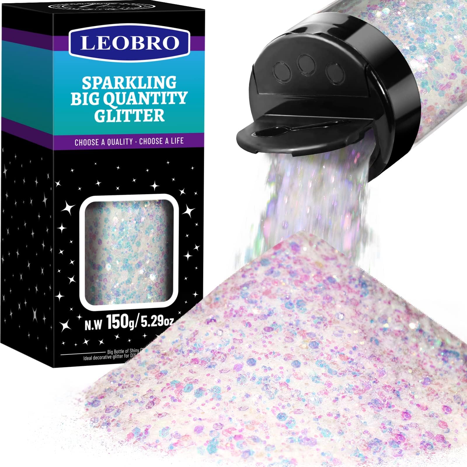 LEOBRO White Glitter, 150G/5.29OZ Holographic Chunky Glitter for Crafts, Resin, Body, DIY Arts and Crafts, Iridescent White