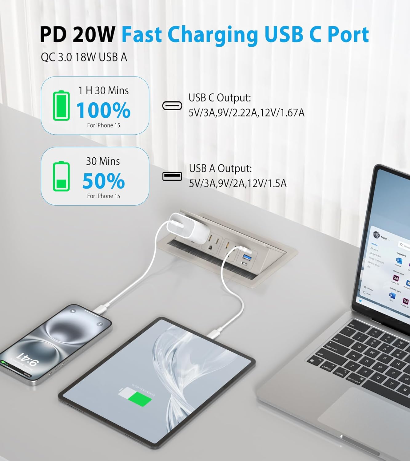 Recessed Conference Table Power Hub with 20W USB-C PD Fast Charging, Flush Mounted for Desks, Kitchens & RVs, 6FT Power Cord (Golden)