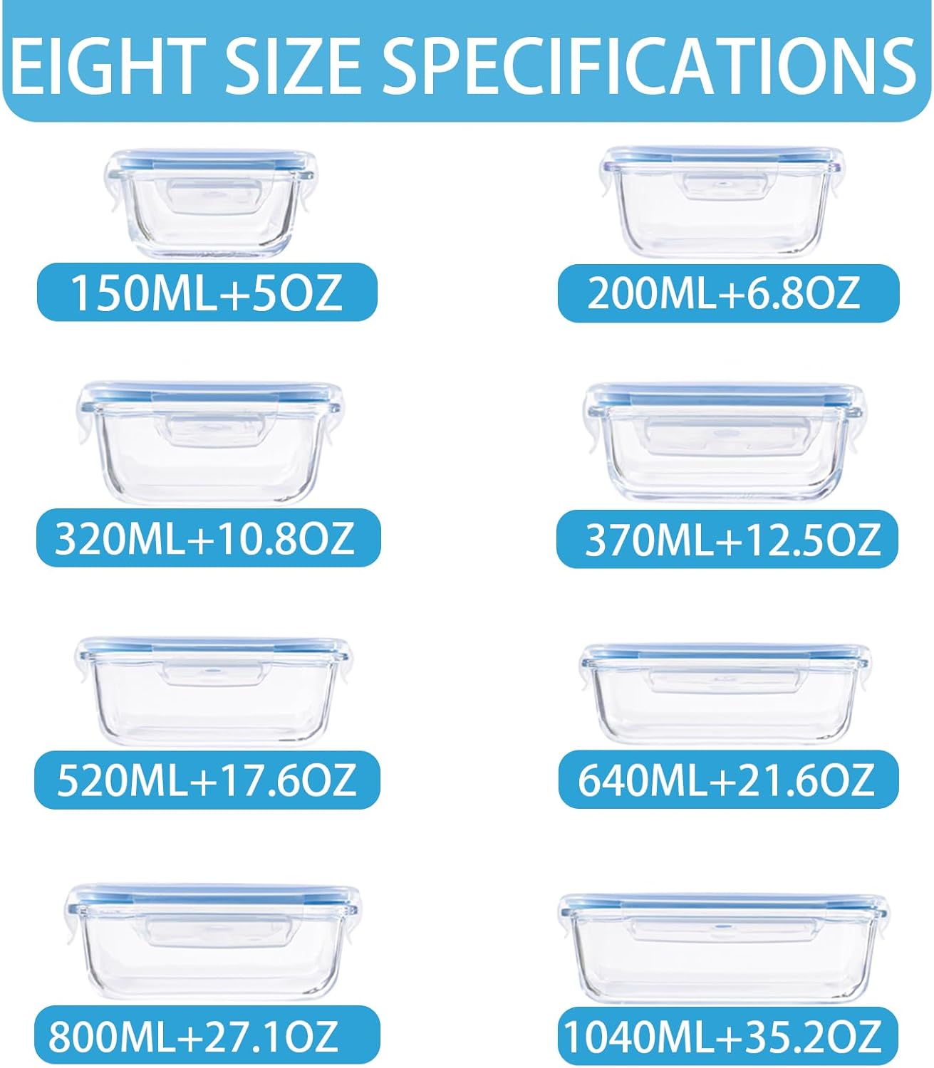 8 Pack Glass Meal Prep Containers with Lids, Glass Food Storage Containers with Snap Locking Lids, Airtight Lunch Containers for Microwave, Oven, Freezer and Dishwasher BPA Free (Blue)