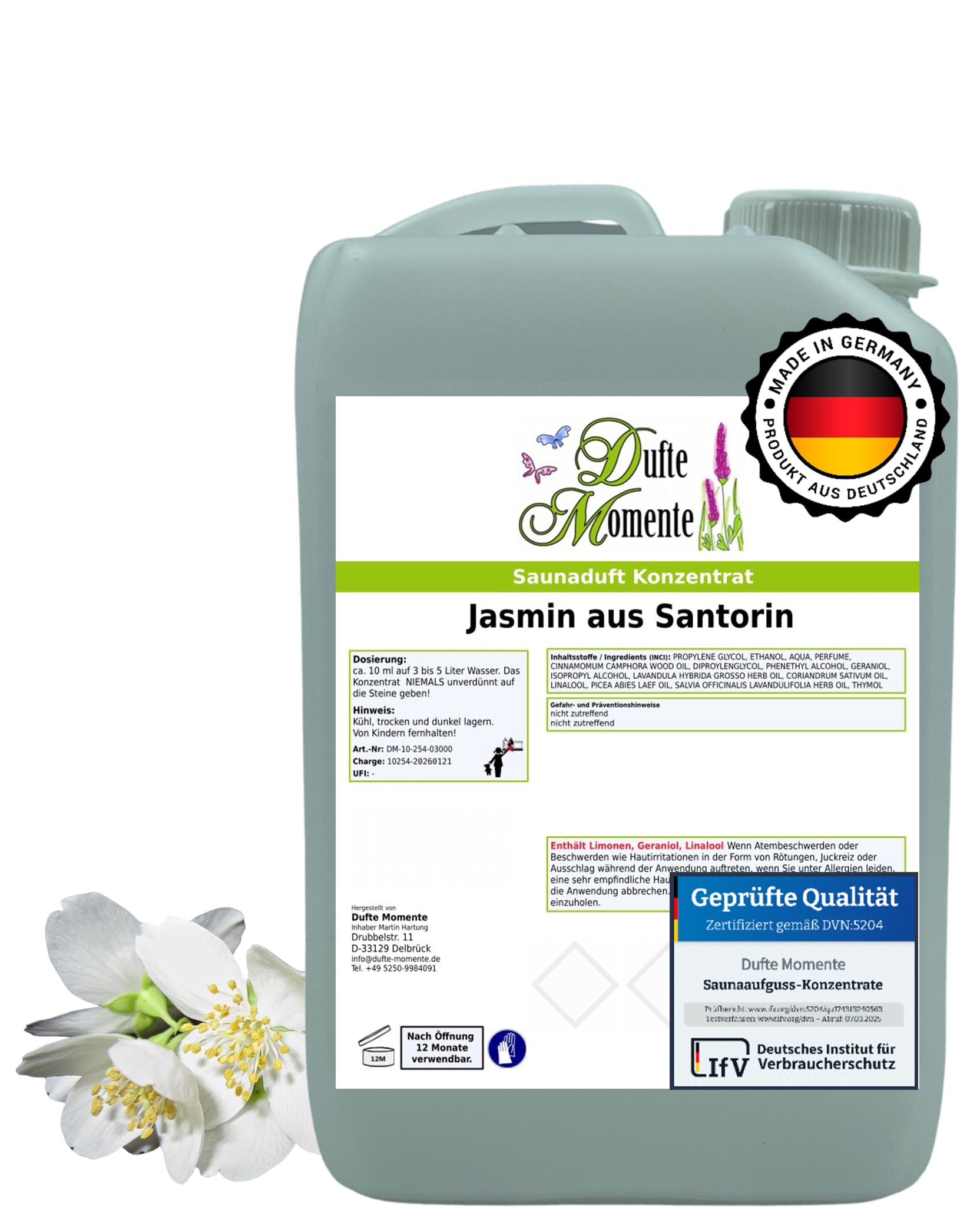 Dufte Momente Saunaaufguss-Konzentrat Jasmin – 3 Liter – floral & elegant – konzentriert & ergiebig – Profi-Qualität gemäß DVN:5204 getestet – vegan & Made in Germany