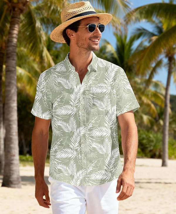 KYKU Hawaiian Shirt for Men Beach Short Sleeve Mens Summer Button Down Shirts Sage Green Palm Leaf L by KYKU - Used condition - Image 3