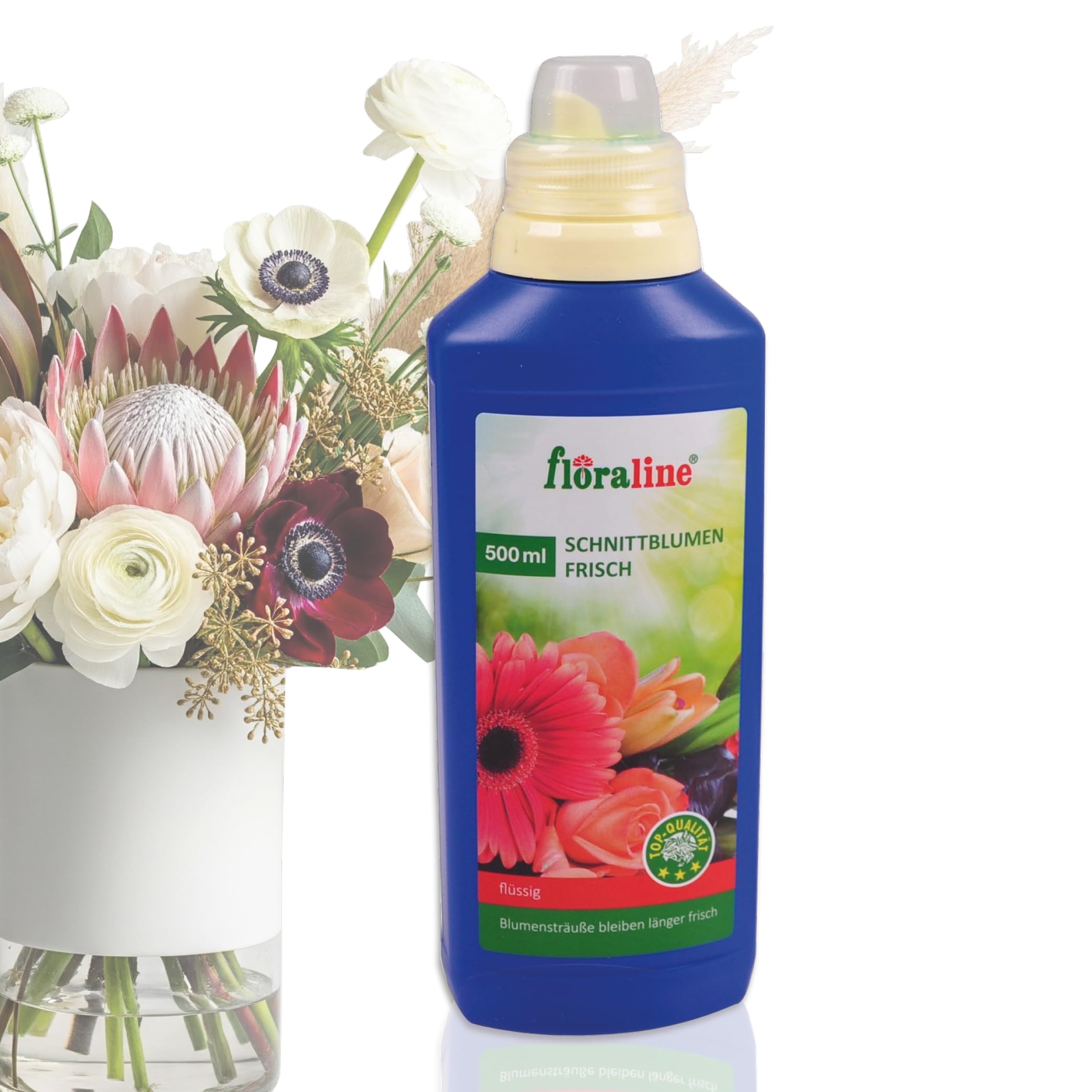 floraline® | Schnittblumen-Flüssigdünger für Vasen – verlängert Frische & Blütenpracht | gegen Fäulnis & Bakterienbildung | bioaktive Nährstoffe | 1 Verschlusskappe je 1 Liter Wasser