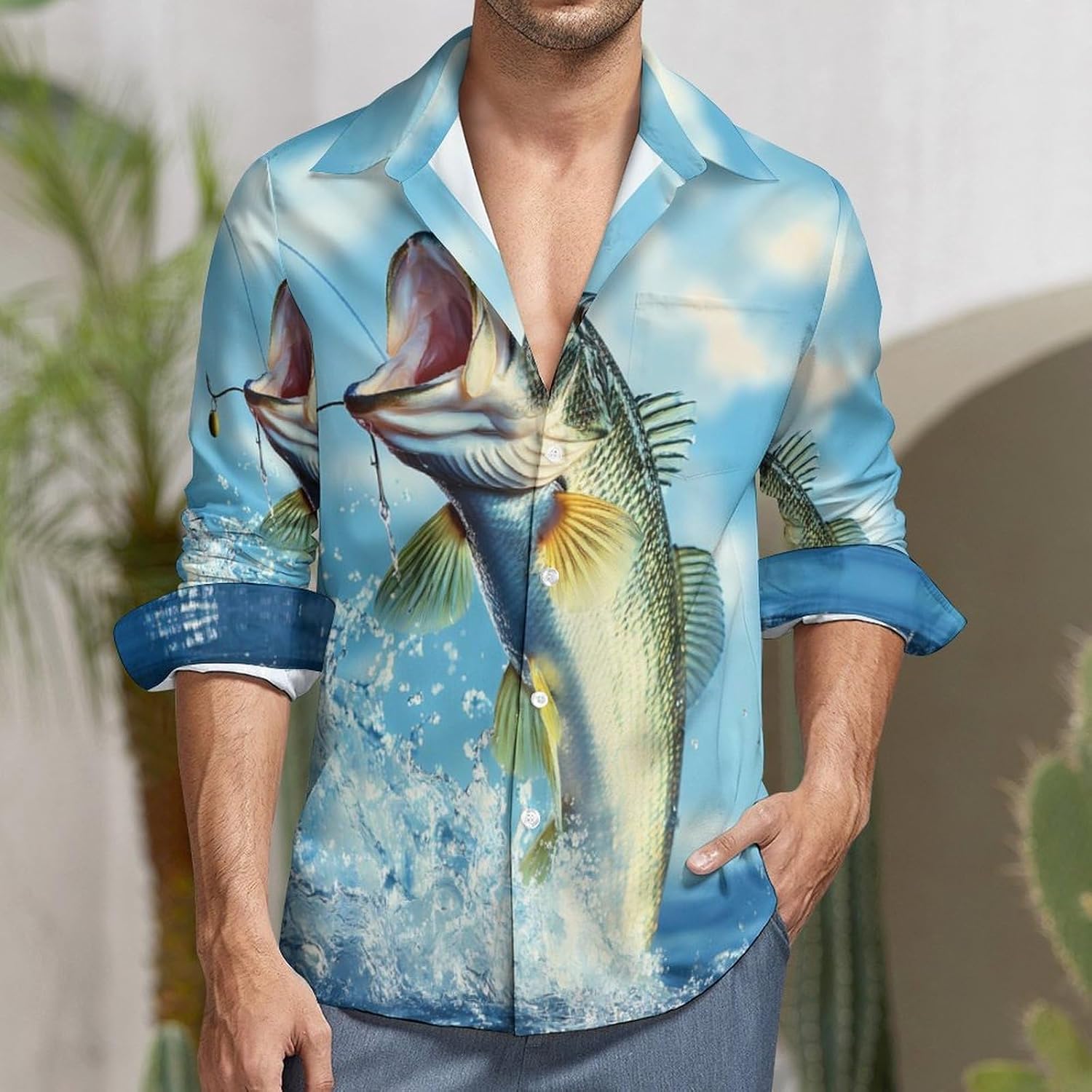 Largemouth Bass Fish Jumping Out Long Sleeve Shirts Casual Dress Shirt Button-down T-shirts for Men
