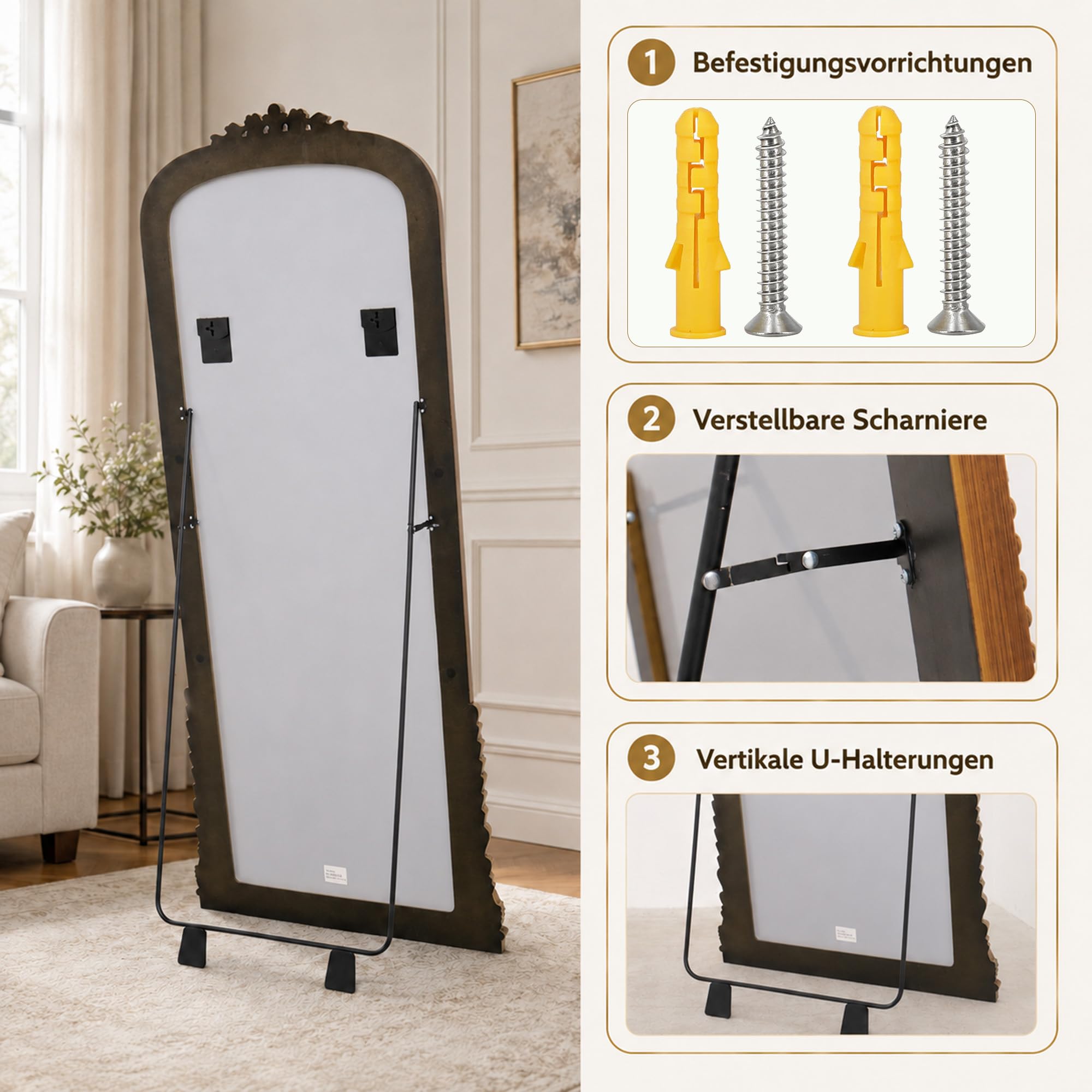 BEAUTYPEAK 205x105 cm Bogenspiegel in voller Länge mit HD Glas, Groß Ganzkörperspiegel, Gold Rahmen aus PU-Kunststoff mit Retro-Prägung, XXL Spiegel für Schlafzimmer und Wohnzimmer
