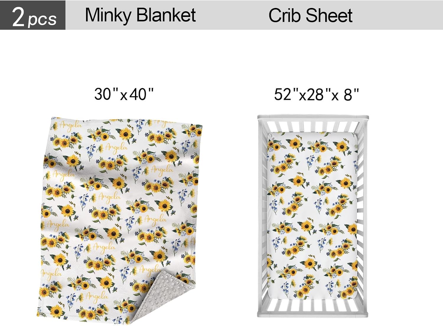 Personalized Crib Bedding Set for Baby Girls Boys, Custom Sunflower Baby Crib Bedding Set with Name, Nursery Bedding, 2 Piece Crib Bedding Sets, Name Crib Comforter, Crib Fitted Sheets for Babies
