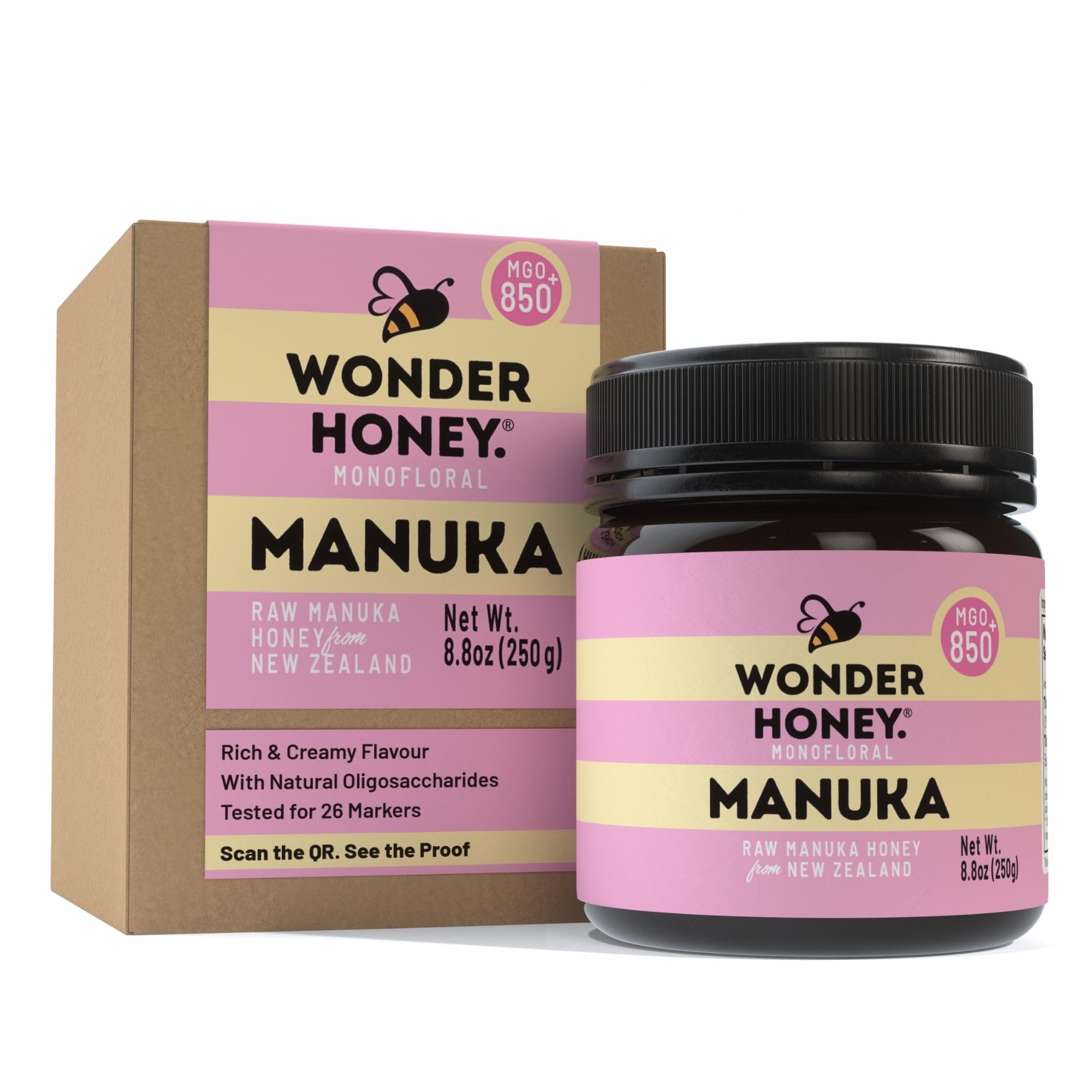 Wonder HoneyRaw Manuka Honey New Zealand MGO850 (20+) Tested for 26 Markers, Traceable, Natural Soothing for Sore Throat, Cough - Aids Digestion - Triple Sealed for safety in a Protective Box (250g)