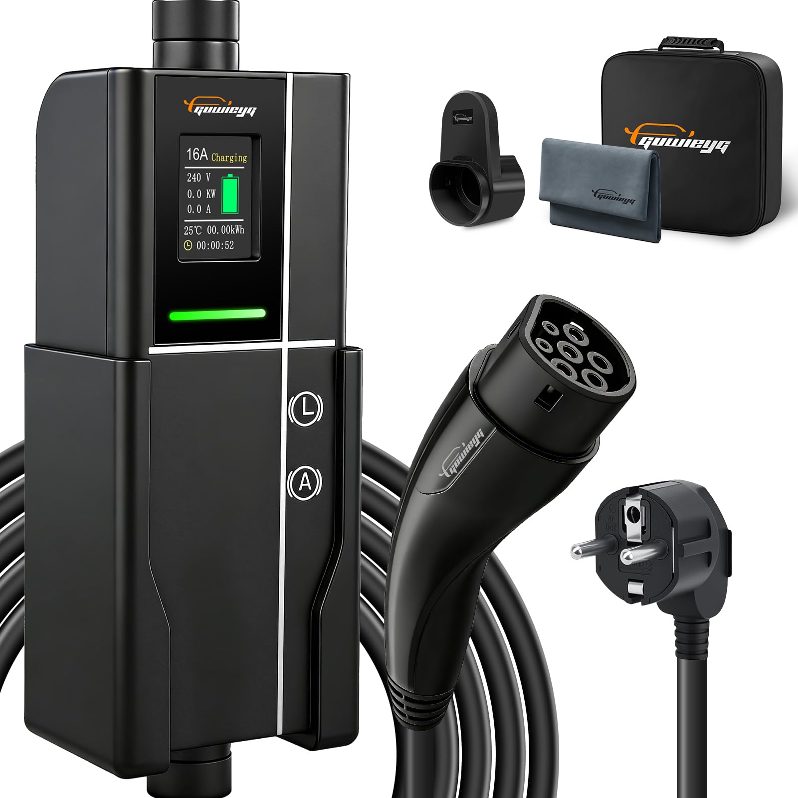 Typ 2 Ladekabel Schuko 16A /3,5kW /6M, Typ 2 Tragbares Ladegerät | Verstellbarer Strom 8A/10A/13A/16A einstellbar mit Digitalanzeige, 6h Verzögerungstimer, IP66, Tragetasche und Mikrofasertuch