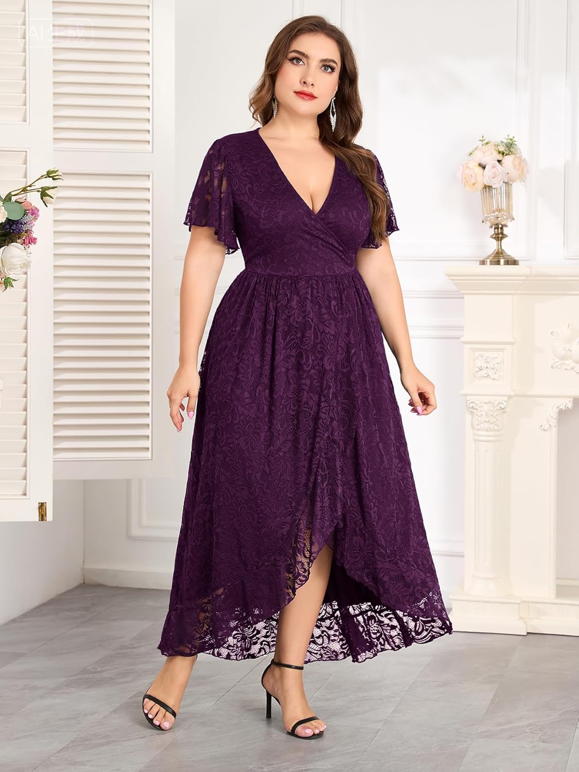 ZOMVA Plus Size Floral Lace Dress Wrap V Neck High Low Ruffle Sleeve Evening Gown Formal Dresses Wedding Guests Cocktail - Image 5