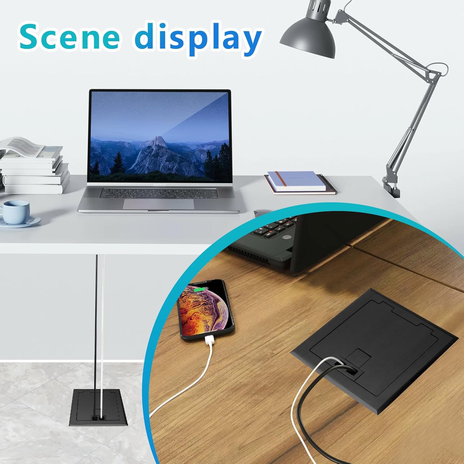 KYHSHJ Recessed Flat Hidden Socket Kit with 2 * 15A Receptacle，4.8A*2 USB-A Ports +3-Port RJ45 Datacom Receptacle. Internal Height Adjustable，Corrosive Resistant Hardware,Black