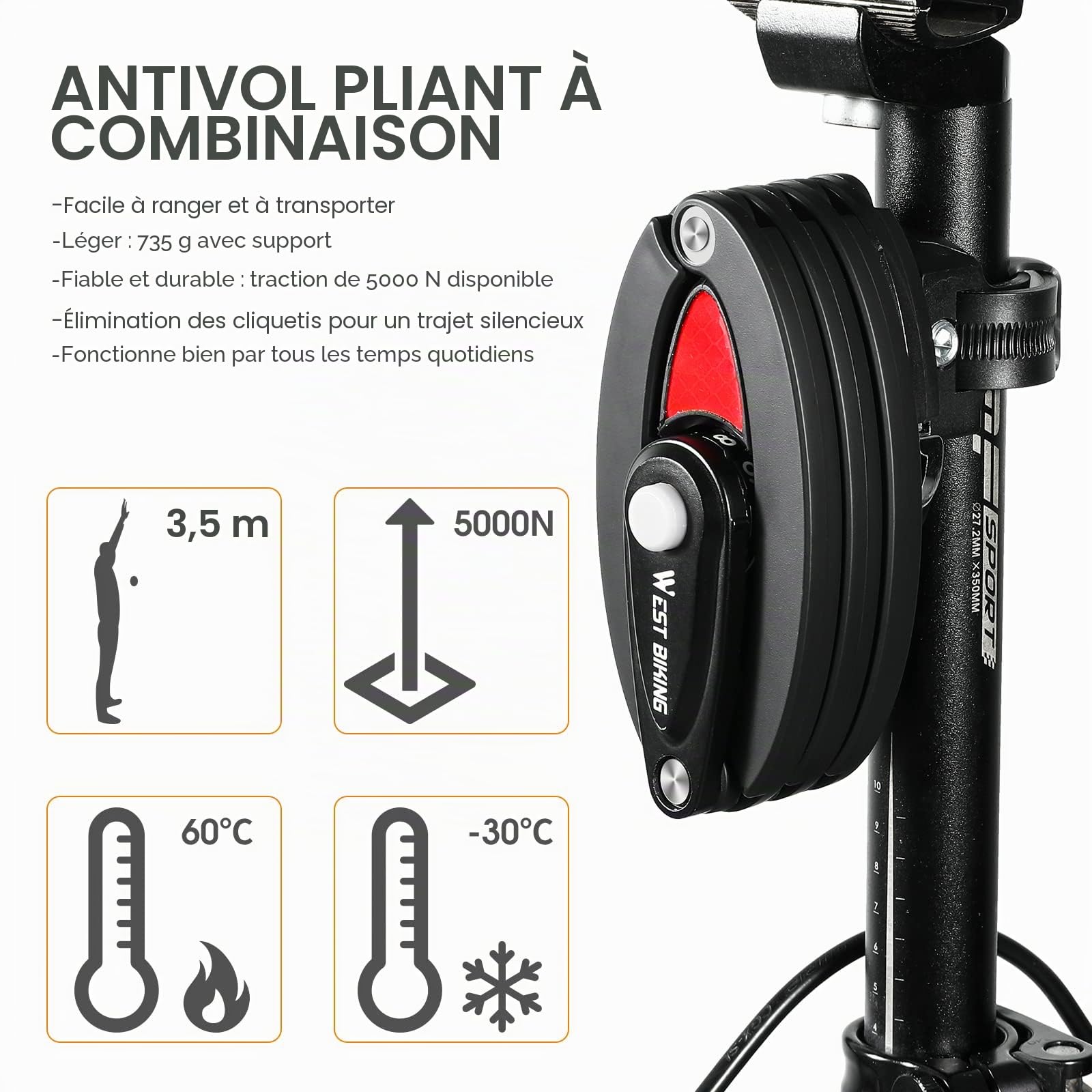 XIQI Antivol pliable Haute sécurité 85 cm Antivol combiné support scooter électrique VTT vélo de route