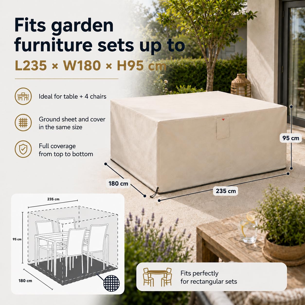 HOME It Garden Gartenmöbel-Abdeckung 235x180x95 cm – 600D Oxford PVC-beschichtet, wasserdicht, UV-Schutz, 2 Belüftungen, Reißverschluss & Kordelzug, sand