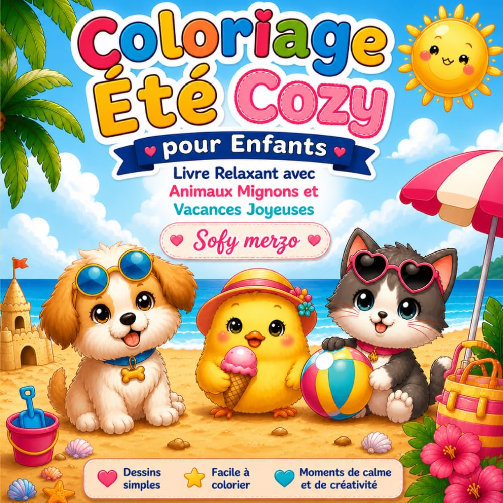 Coloriage Été Cozy pour Enfants: Livre Relaxant avec Animaux Mignons et Vacances Joyeuses