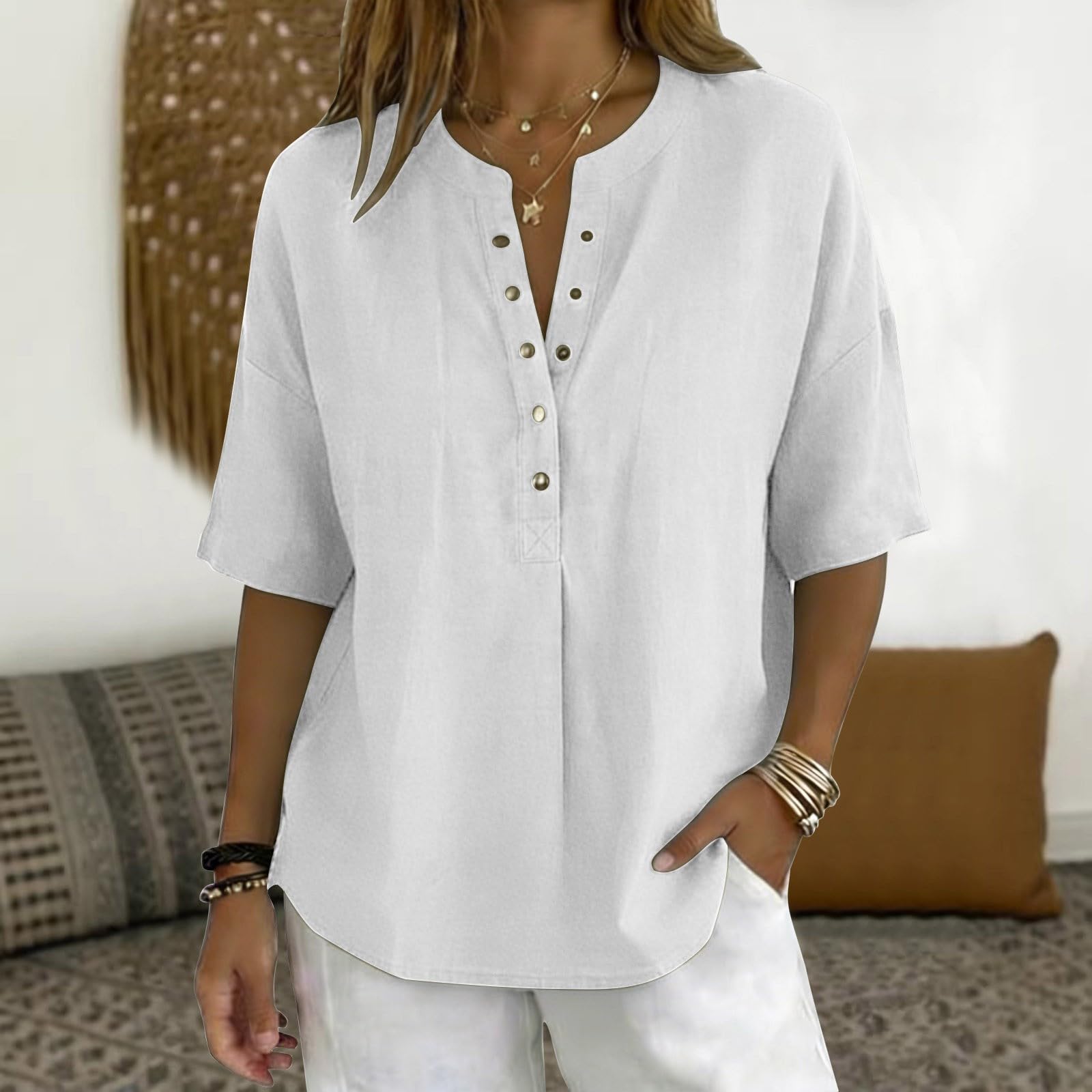 Blusa informal para mujer, mezcla de algodón y lino, manga corta, cuello en V, botones y ajuste holgado, top de verano para mujer
