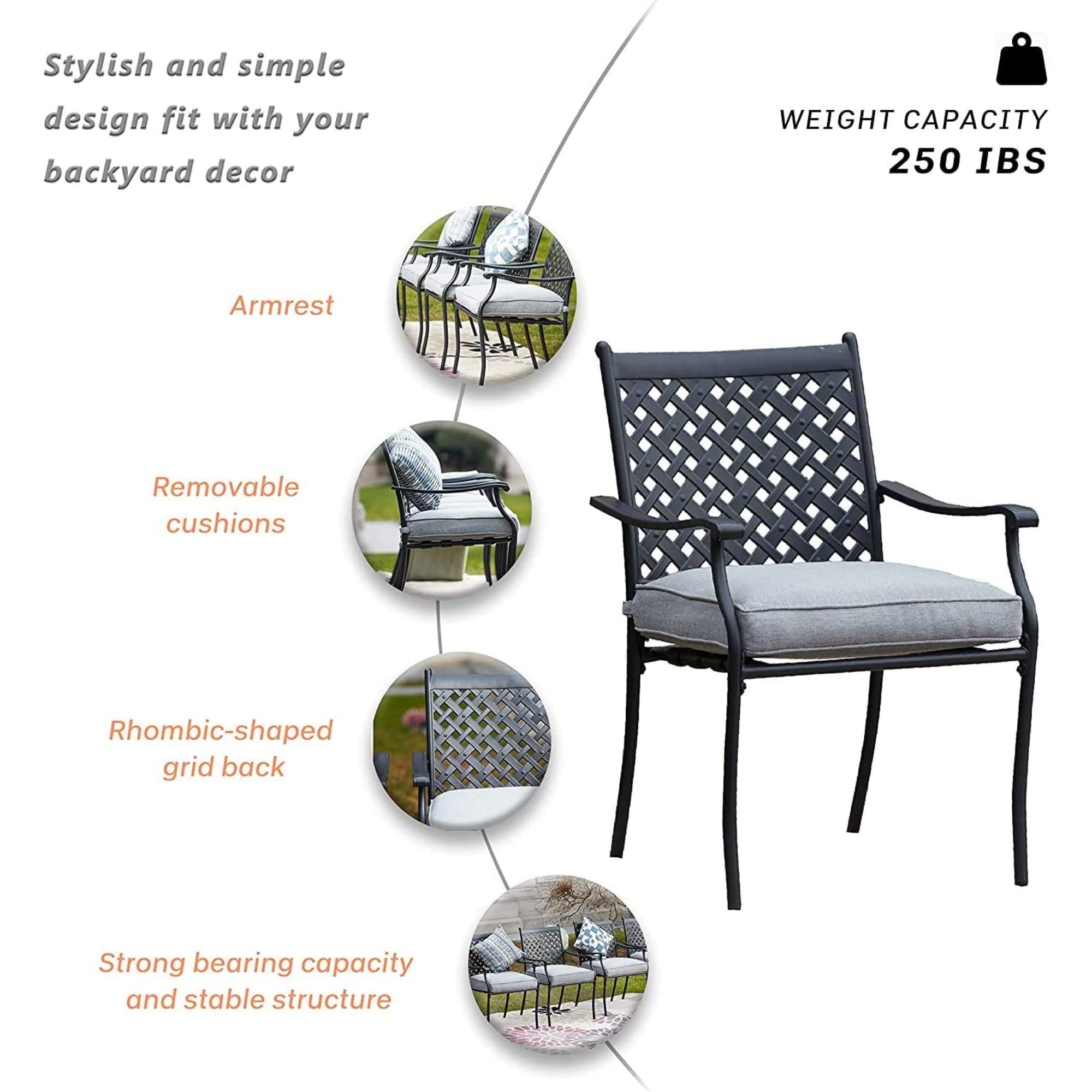 Juego de comedor de patio al aire libre de 5 piezas, mesa redonda de 42 pulgadas con agujero para sombrilla y 4 sillas con reposabrazos con cojines, acero resistente a la intemperie 5