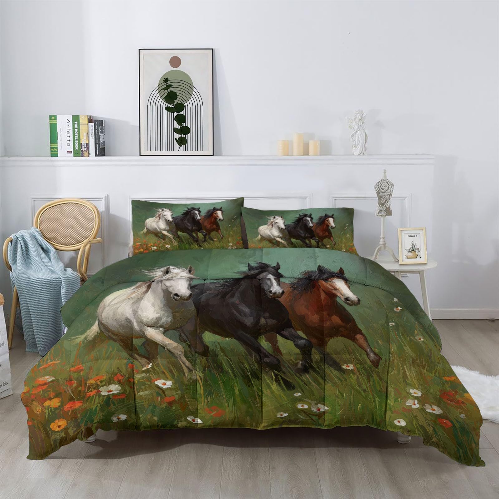 Genérico Edredón Cama Caballo, Animal Natural 240x220 cm, Edredón Reversible Sin Funda - Parure de Cama Tacto Suave, Listo para Usar y Lavado Fácil en Lavadora,Verde