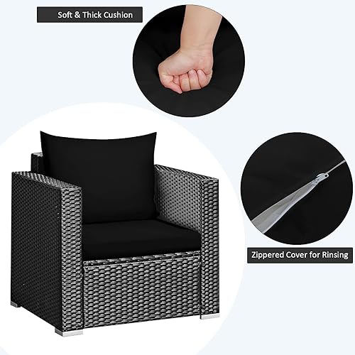 Miniatura 9 de COSTWAY Juego de muebles de mimbre de ratán para patio, mesa de sofá con cojín para patio, color negro