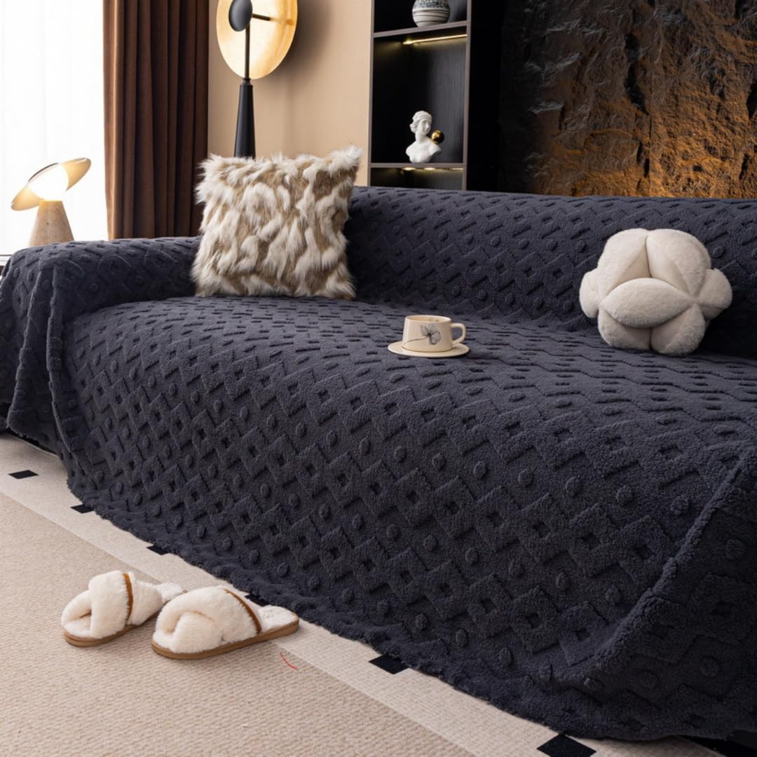 Hiseng Polaire Chaude Housse de Canapé Protection, Hiver 1 2 3 Place Serviette de Canapé Lavable Anti-Poussière Couverture Protège, pour Chat Anti Griffe (Noir 3,180x320cm)