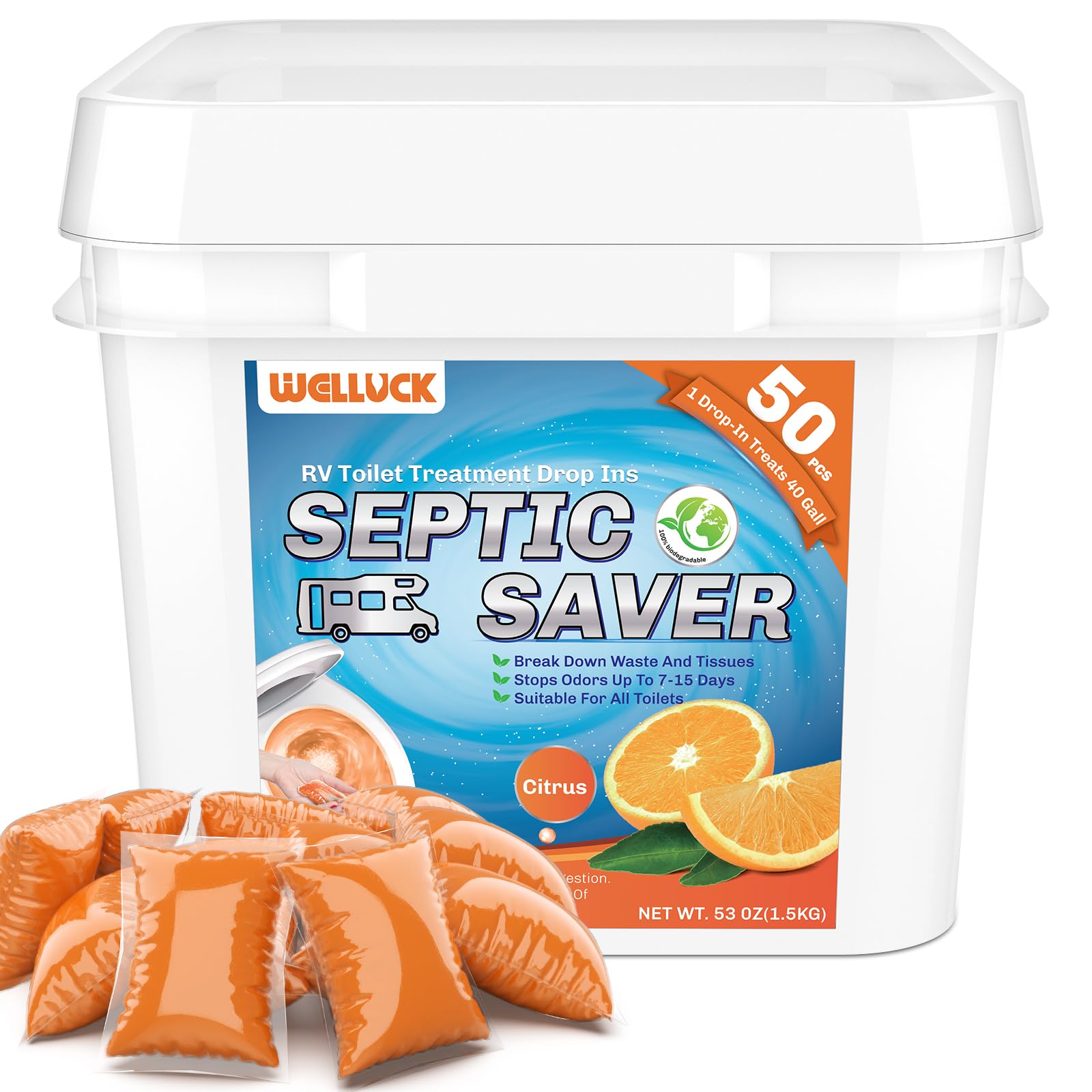 WELLUCK RV Toilet Treatment Drop-Ins, 50 Pack - 50 Week Supply Black Tank Deodorizer | Breaks Down Waste &amp; Tissue | Septic Safe Treatment for RV, Camper, Marine Toilet | Citrus Scents