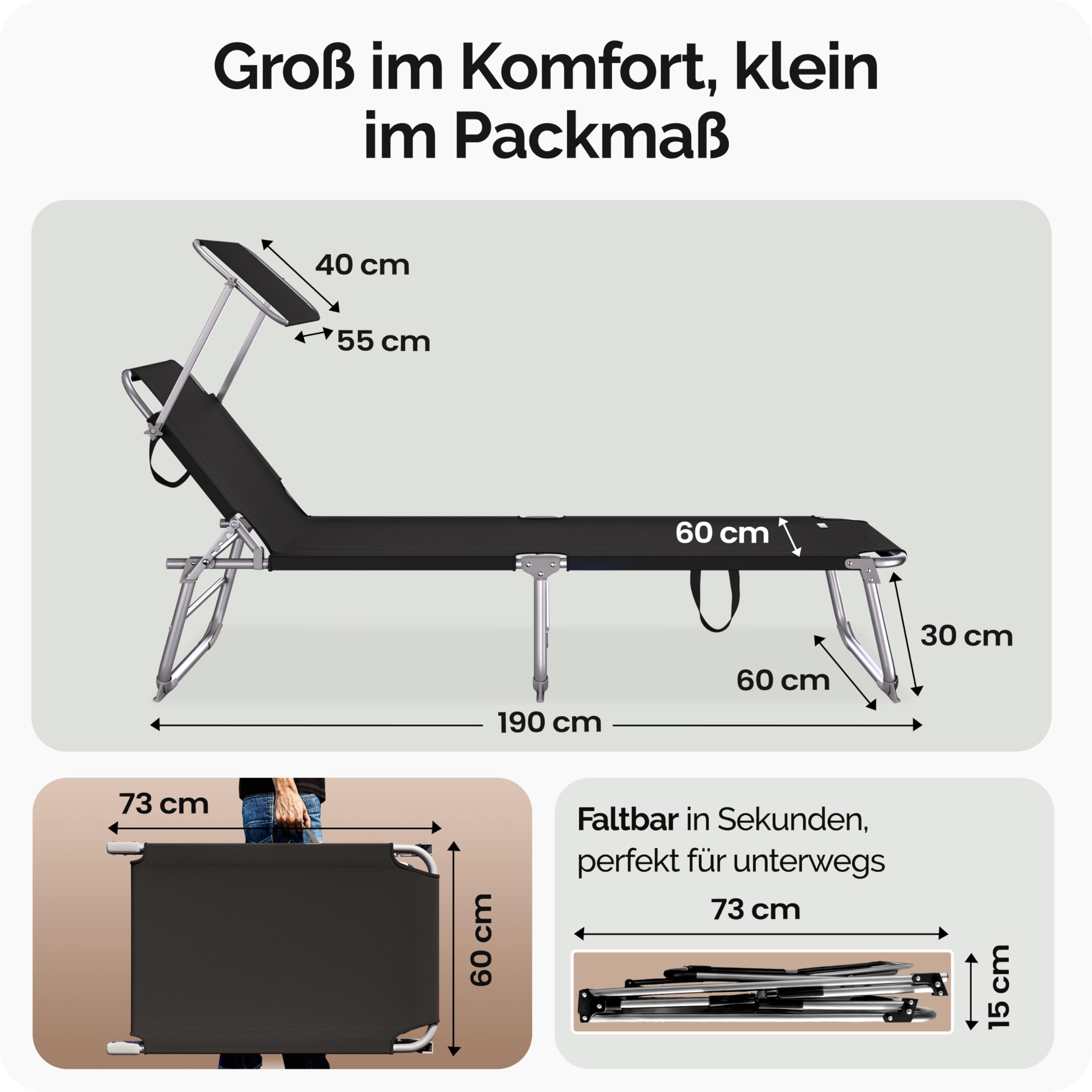 Casaria Sonnenliege klappbar mit Sonnendach wetterfest Grau | Aluminium, 190x60 cm, 130 kg Belastbar, tragbar, Garten, Pool, belastbar, Liegestuhl, Klappliege