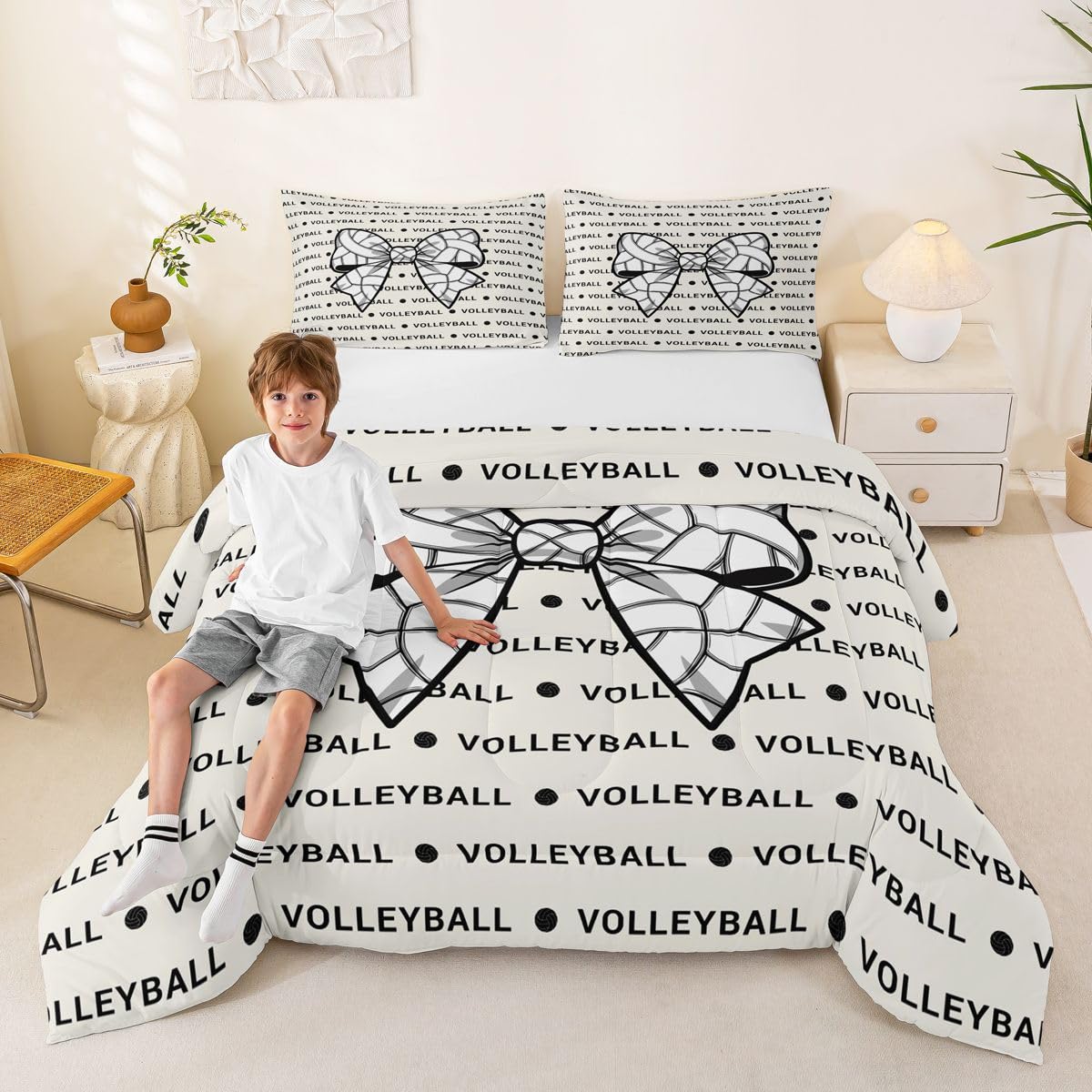 Homewish Zestaw pościeli z kokardą do siatkówki podwójny - kremowy siatkówka sportowy zestaw pościeli dla miłośników piłek geometryczny zestaw kołdry - czarno-biała kołdra bez pokrowca