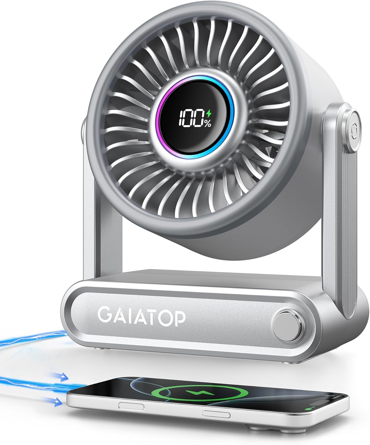 Gaiatop Portable Quiet Desk Fan with Power Bank, 6000mAh Rechargeable Battery Fan with RGB Ring, 18Hrs Runtime, 5-Speed Strong Wind, Bedroom Office Desk Accessories, Gifts for Women Men Teens, Silver