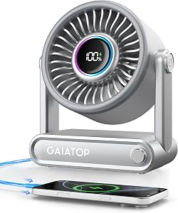 gaiatop Rechargeable Desk Fan with Power Bank, 6000mAh Battery Small Quiet Fan with RGB Ring, 18Hrs Runtime, 5-Speed Stron…