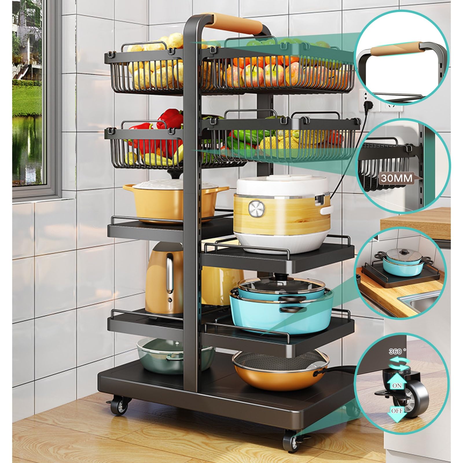 Rejilla ajustable para sartenes y ollas de 10 niveles con 6 bandejas, 4 cestas y ruedas, soporte para utensilios de cocina a presión, estante de almacenamiento de hierro fundido resistente para coci