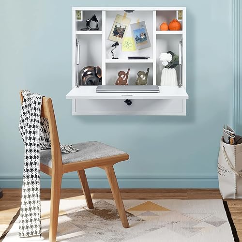 Miniatura 4 de Tangkula Escritorio montado en la pared, escritorio flotante neumático para laptop con mesa plegable magnética, mesa de pared que ahorra espacio con