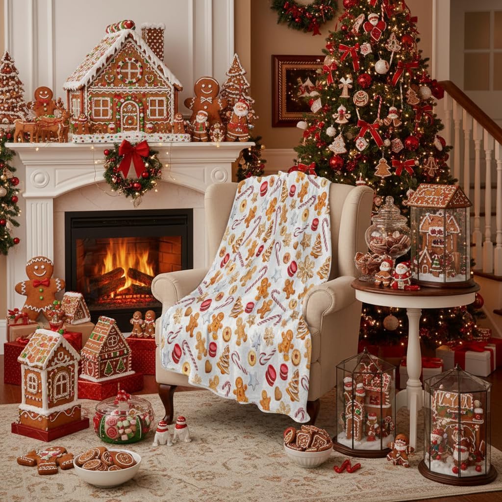 Gingerbread Man Flannel Christmas Throw Blanket, Cute White Xmas Candy Cane Glove Fleece Soft Warm Bed Blanket All Season Sofa/Couch/Chair for Child Adults, 50x60inches