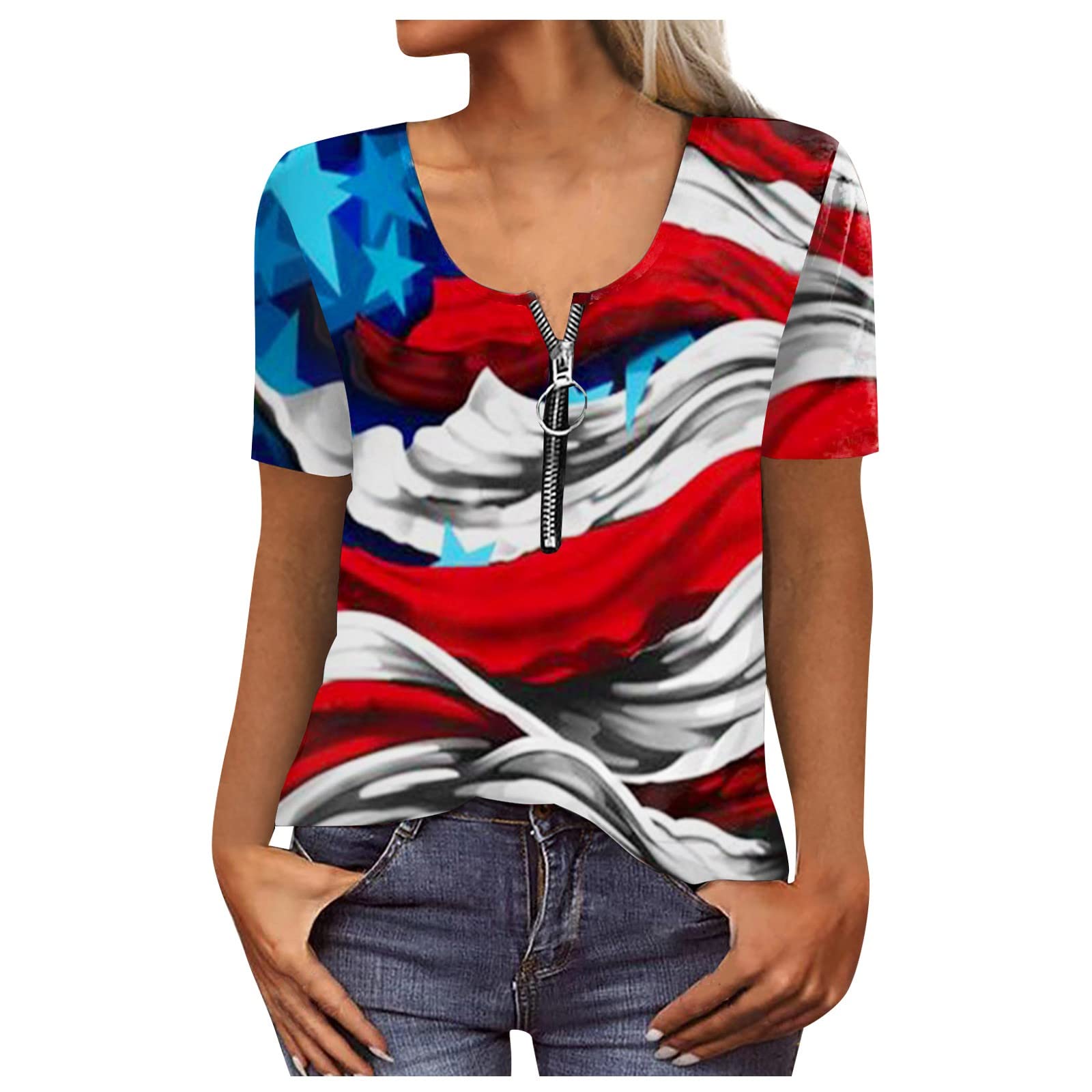 Women's Plus Size Zip-Front T Shirts for Short Sleeve Tops Summer Blouses Floral Print Comfy Pullover Shirt Tunic