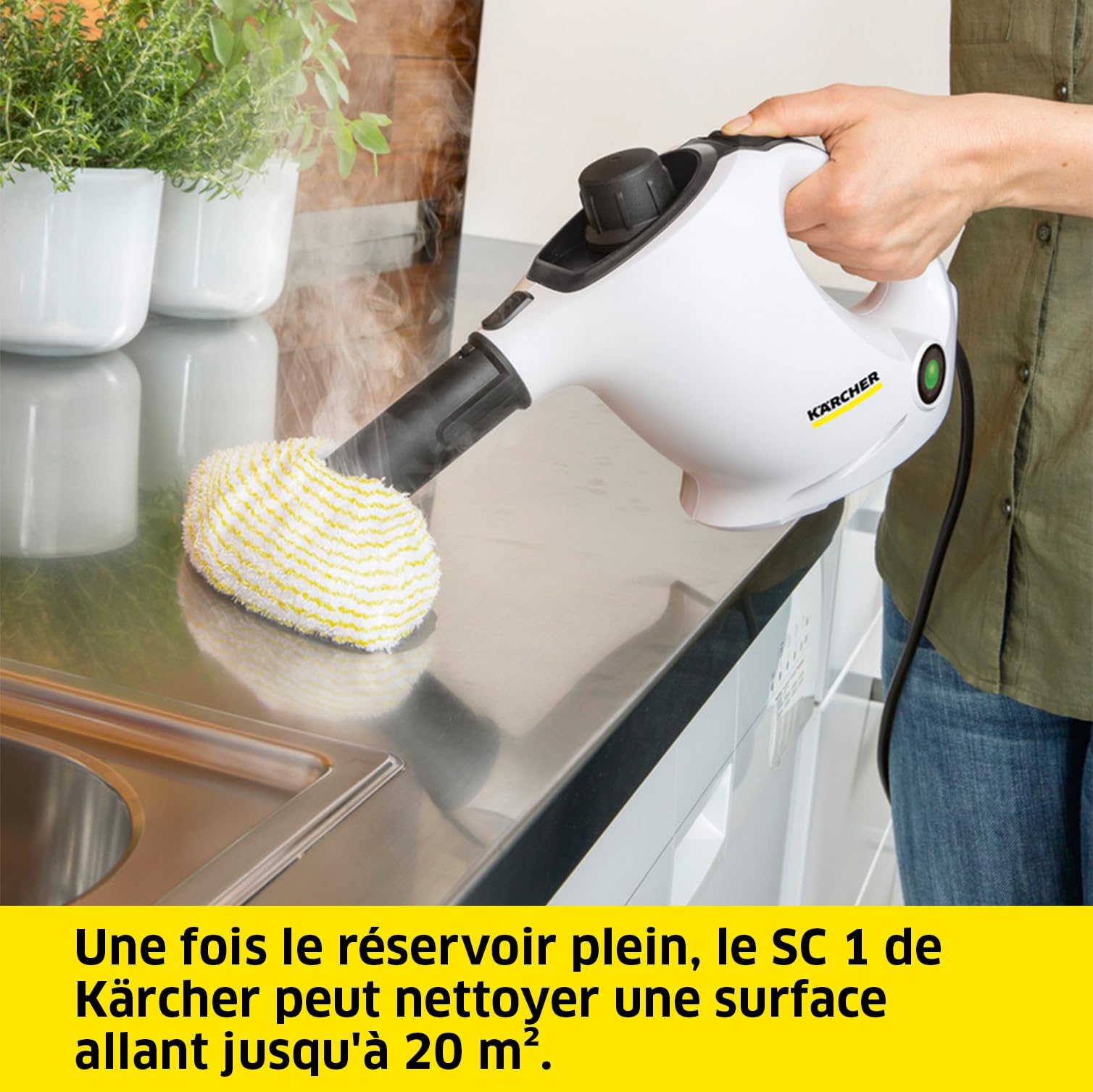 Kärcher Nettoyeur Vapeur SC 1, Pression Vapeur : 3 Bar, Temps de Préchauffage : 3 Min, Puissance : 1 200 W, Surface : 20 m², Réservoir : 200 ML, avec Buse à Main, Jet Crayon & Powerbuse, Brosse Ronde