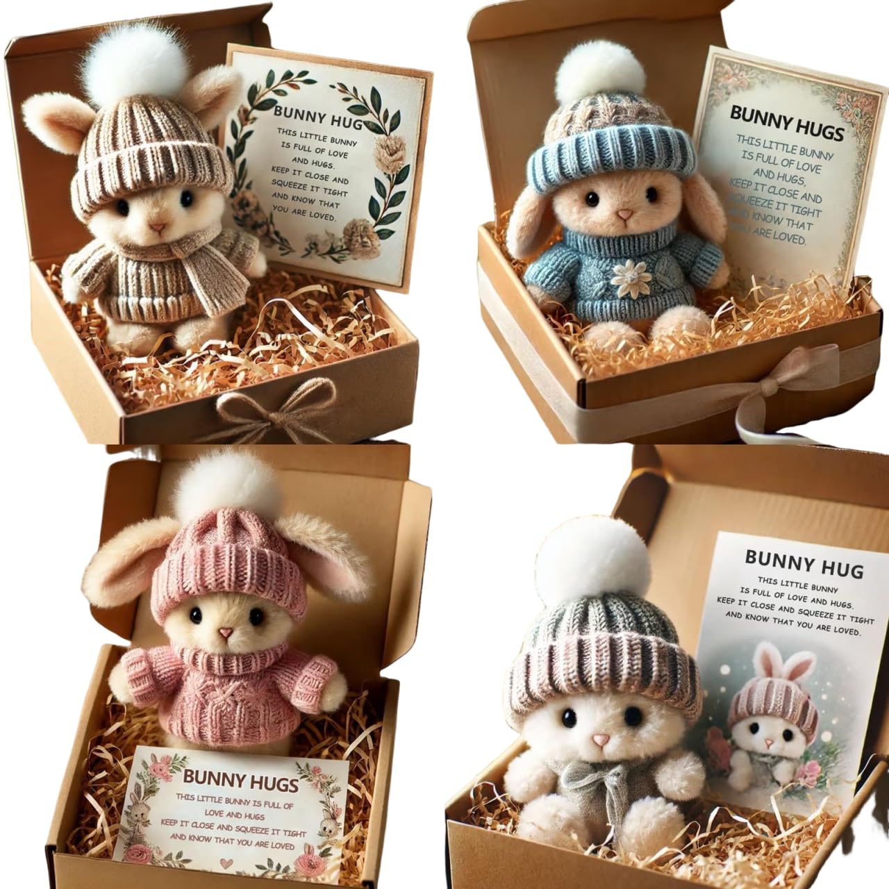 4 Colors Mini Bunny Hug Cute Easter Gift, 2026 Mini Bunnies, Minis Rabbits in Box, Emotional Support Positive Crochet Bunny,Inspirational CardHandmade Plush Pocket Hug Rabbit Doll, for Kids Family