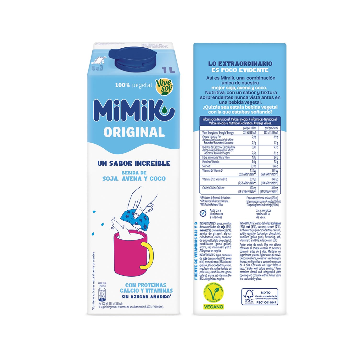 Pascual Mimik Original - Bebida 100% vegetal hecha con Soja, Avena y Coco. Sin Azúcar Añadido - Con Proteína, y fuente de vitaminas B12 y D. Pack 6 Briks x 1L