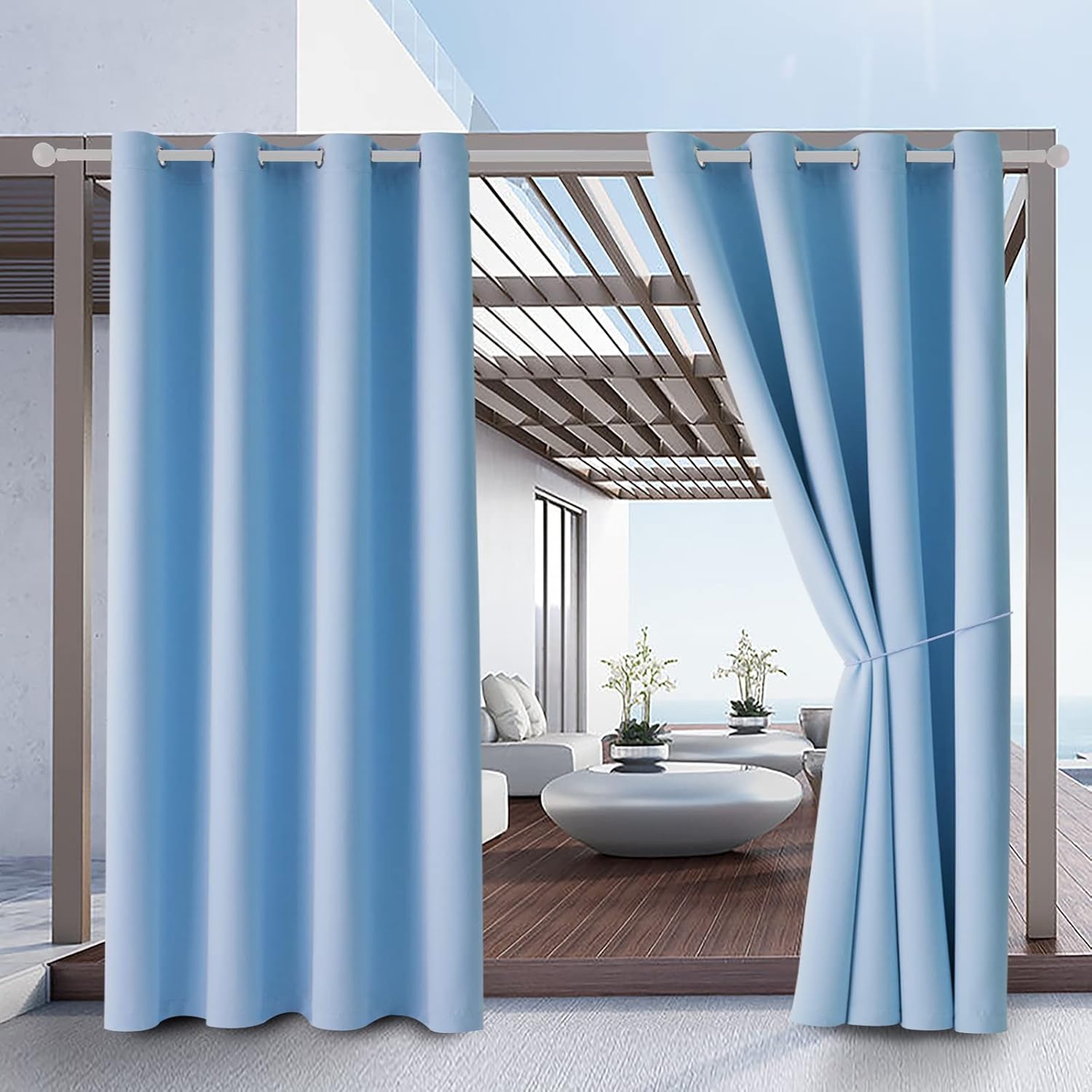 Water Proof Outside Curtains with Grommet Top for Porch, W52 x L120 Thermal Insulated Washable Light Block Outdoor Divider Drapes for Patio Gazebo Deck Pool Area Pergola Cabana (Baby Blue)