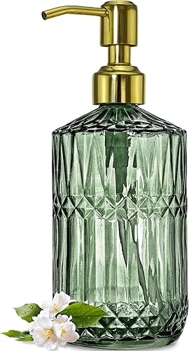 JASAI Dispensador de jabón de vidrio verde de 18 onzas con bomba dorada a prueba de óxido, dispensador de jabón de cocina recargable para jabón de