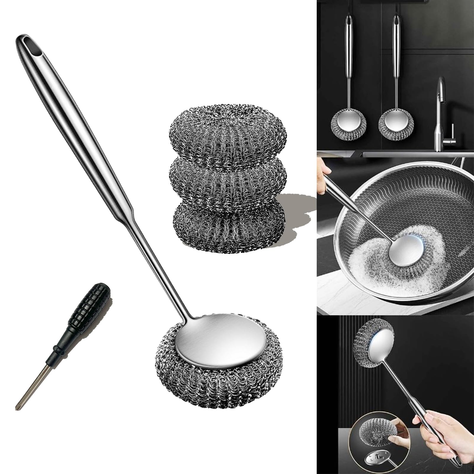 inless Steel Scourer Set Szczotka z długim uchwytem, stalowa kulka i śrubokręt, ciężkie, metalowe podkładki do szorowania tłuszczu i usuwania brudu z garnków, naczyń i naczyń
