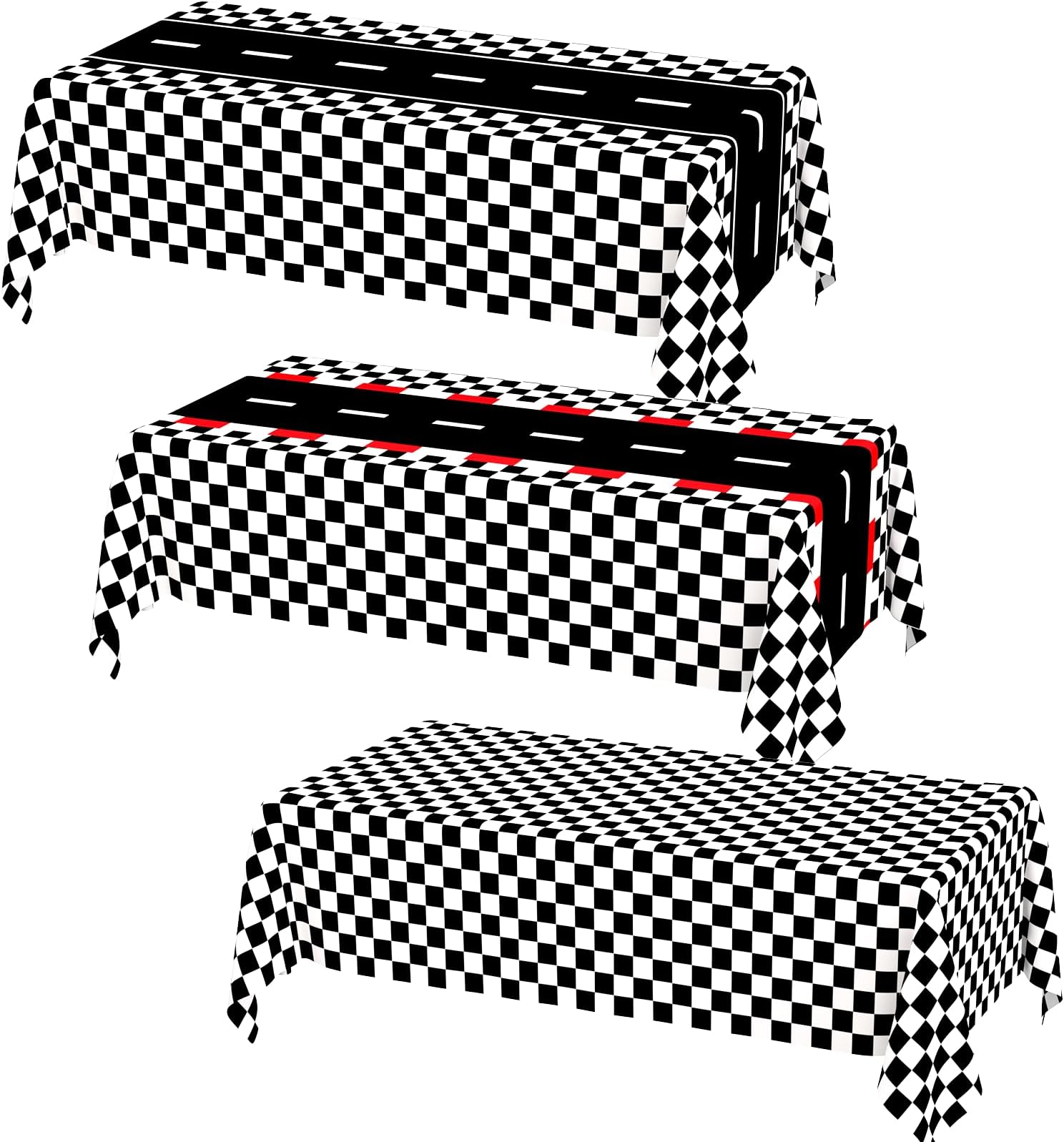 QISOLIY 3 PCS Mix Race Car Table Cloth Racing Car Theme Tablecloths 54 x 108 Inch Car Disposable Plastic Tablecloths Black Checkered Racetrack Flag Table Covers for Race Car Birthday Party Decorations