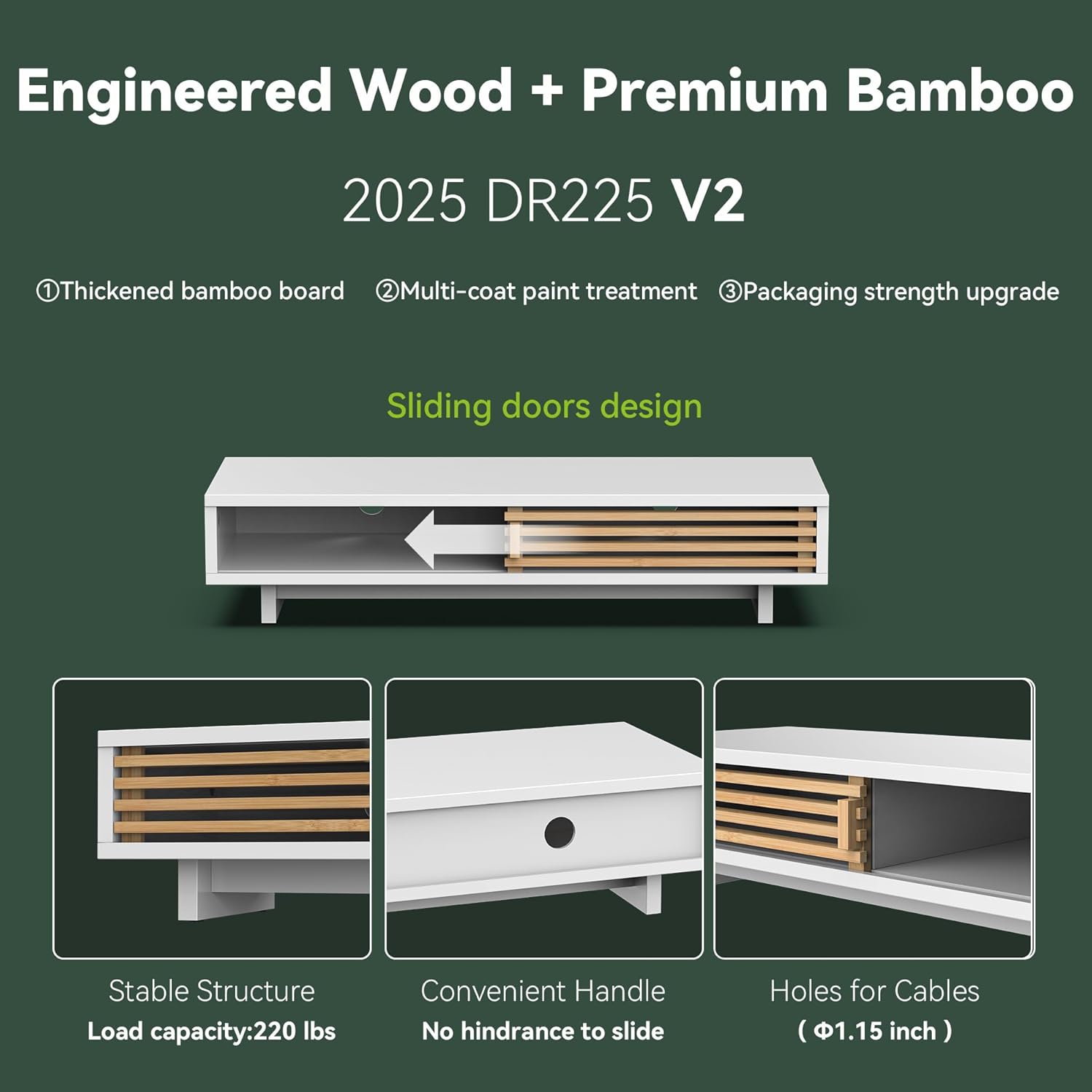Monitor Stand with Sliding Bamboo Doors, 25 Inch Heavy Duty Wood Computer Monitor Riser, Ergonomic Desk Organizer with Storage & Keyboard Tray, Natural & white