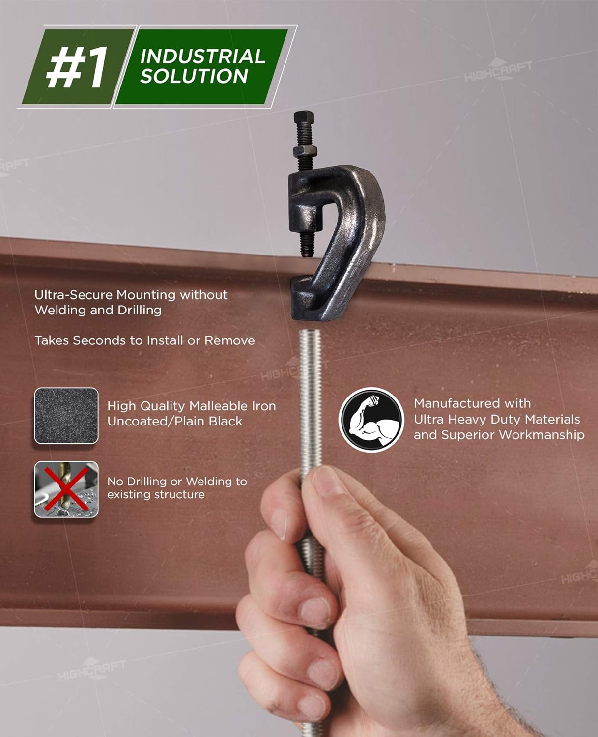 Highcraft DMQV-QM38-10 Heavy Duty Industrial Purlin Beam Clamp for 3/8'' Rod Max Load 400 lbs. Uncoated Iron (10PK)