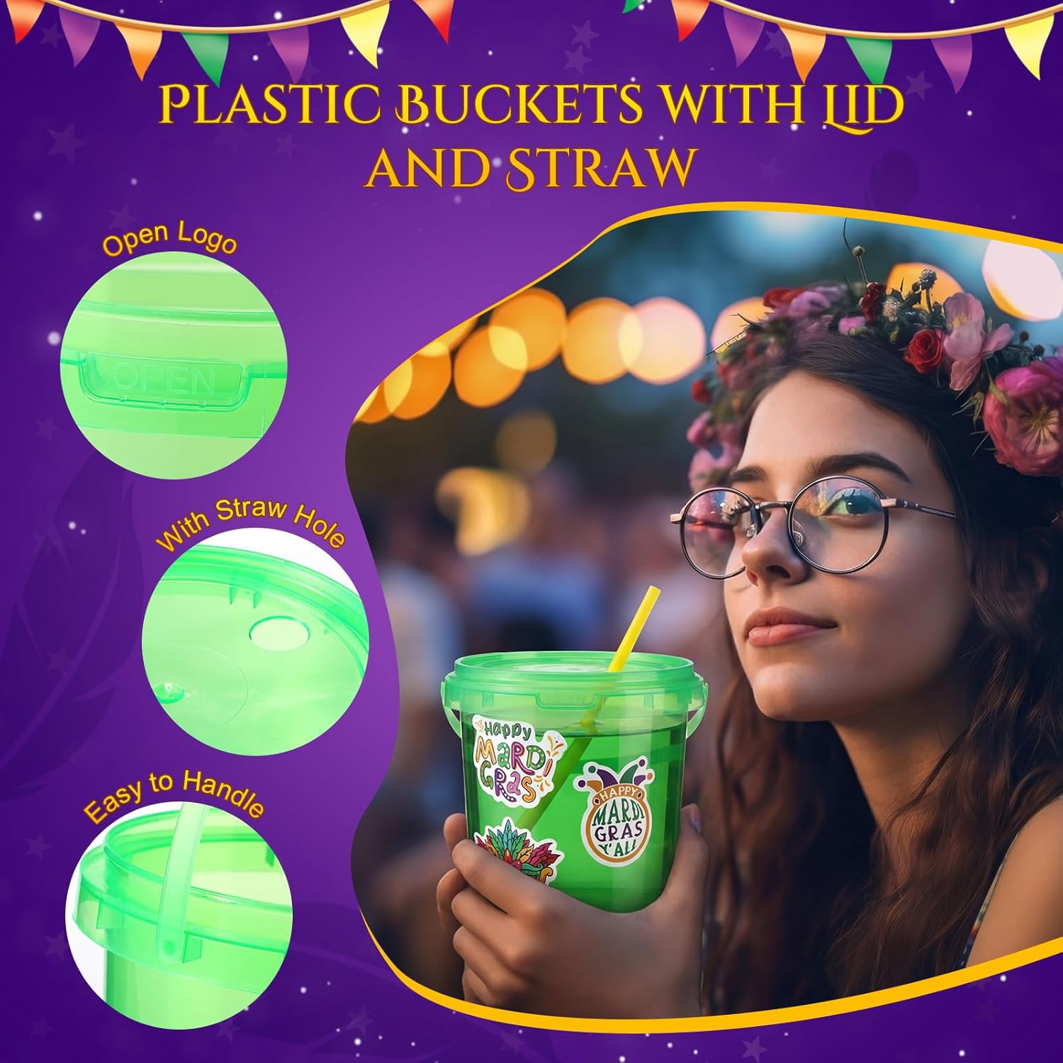 Funnymoom 18 Pack 32 oz Mardi Gras Plastic Rum Buckets for Drink with Straws Beverage Syringes Stickers Carnival Snacks Beer Cocktail Bucket with Lids and Handles Reusable Food Containers for Parties