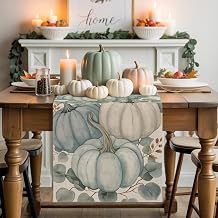 Autumn Pumpkin Thanksgiving Harvest Table Runner 90 Inches Long Cotton Linen Dresser Scarves for Kitchen Daily Use Family Dinners Party Gathering Home Decor Watercolor Eucalyptus Leaves Table Runners