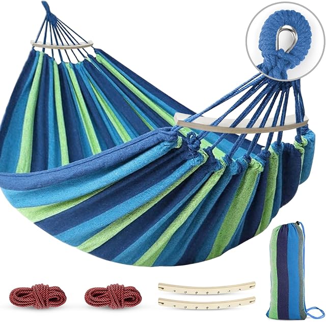 MOSFiATA Hammocks Portable Camping Hammock Upgraded 550lb Comfortable Fabric Hammock with Two Anti Roll Balance Beam and Sturdy Tree Straps for Camping, Patio, Backyard, Outdoor (Blue Green)