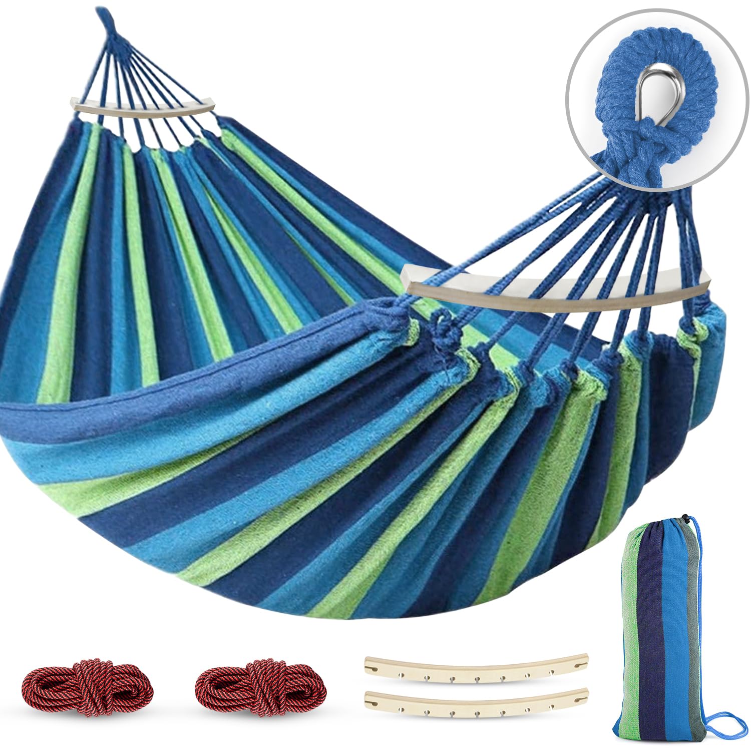 MOSFiATA Hammocks Portable Camping Hammock Upgraded 550lb Comfortable Fabric Hammock with Two Anti Roll Balance Beam and Sturdy Tree Straps for Camping, Patio, Backyard, Outdoor （Blue Green）